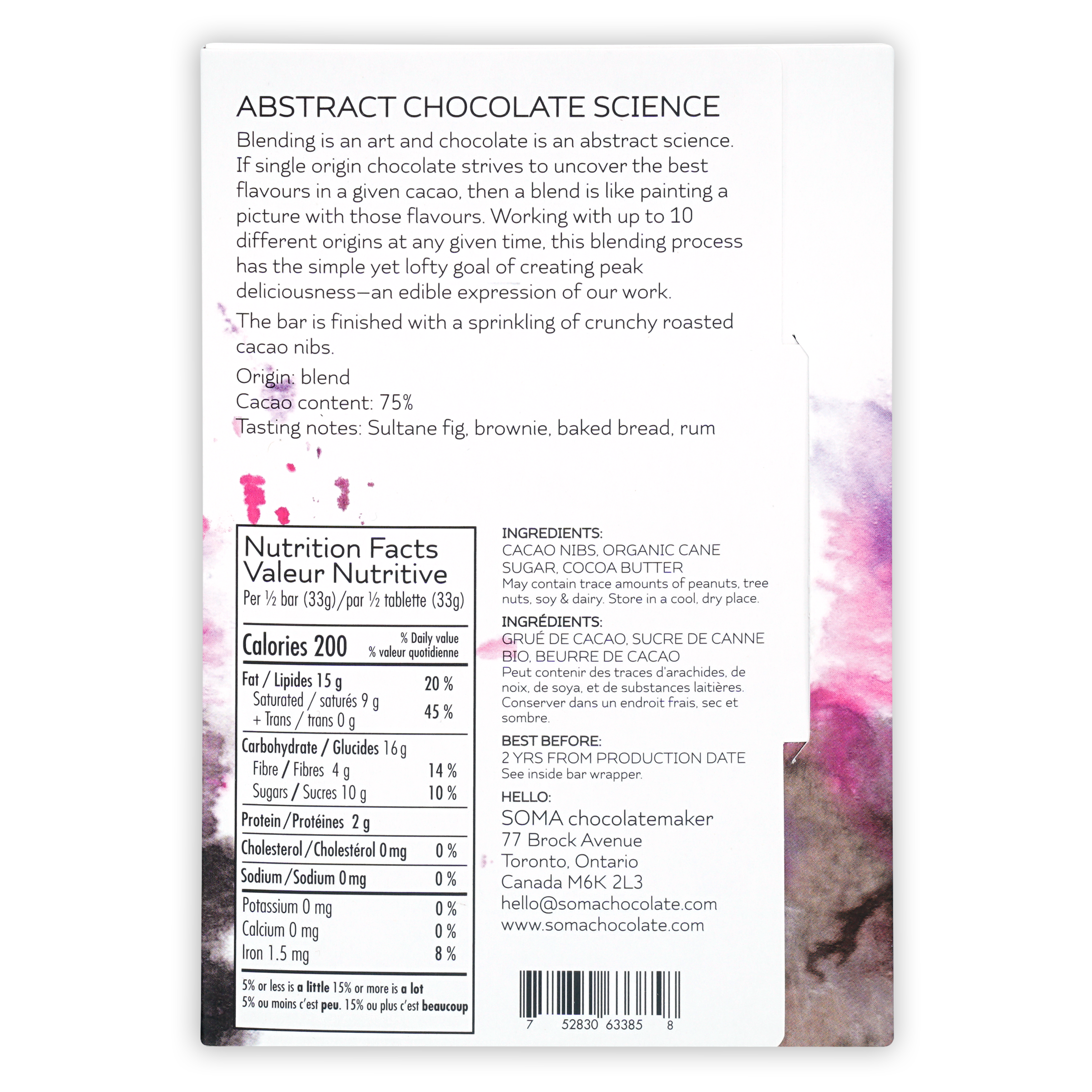 Back of Soma Abstract Chocolate Science 75% white package with pink-purple splatters