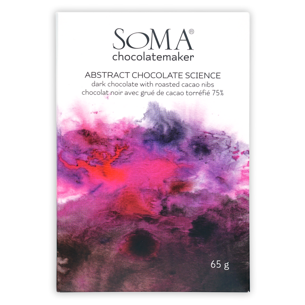 Soma Abstract Chocolate Science 75% bar with pink, purple, red swirls on white wrapper