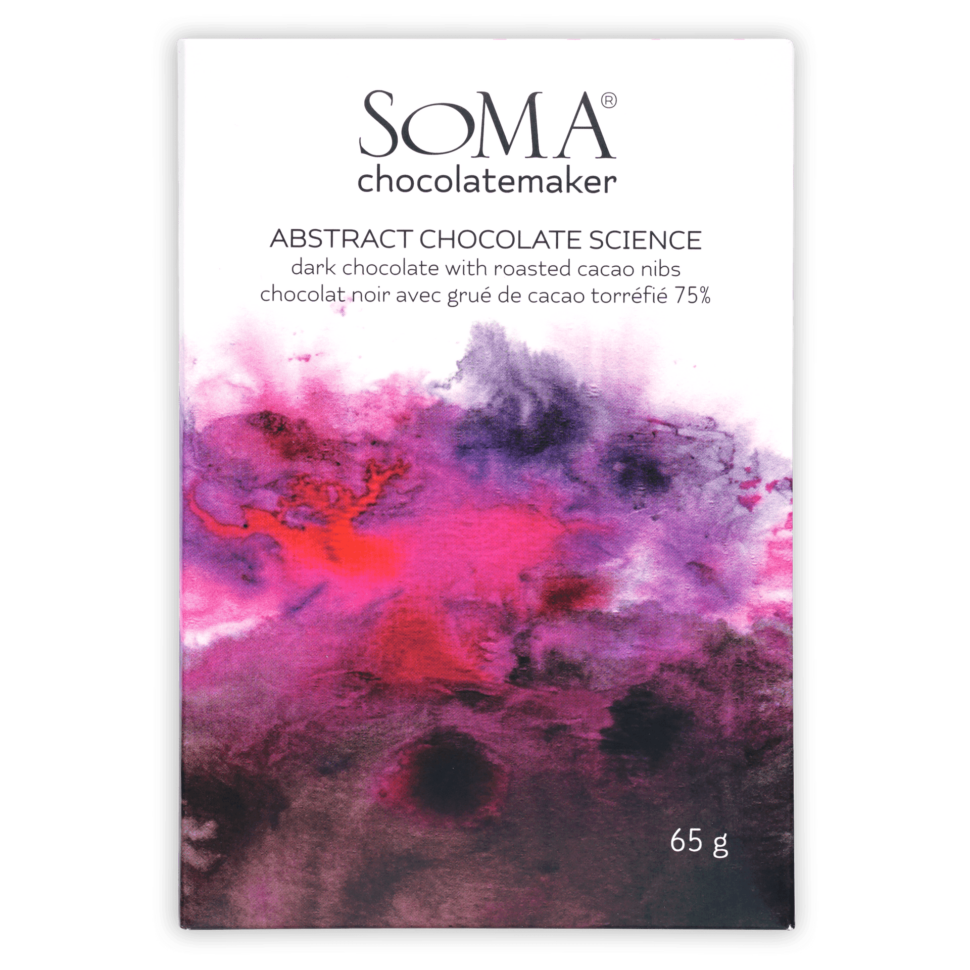 Soma Abstract Chocolate Science 75% bar with pink, purple, red swirls on white wrapper