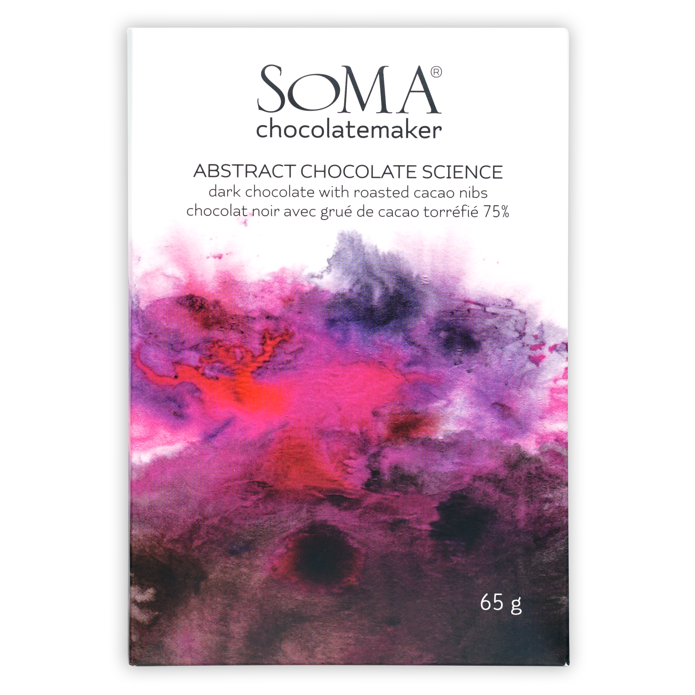 Soma Abstract Chocolate Science 75% bar with pink, purple, red swirls on white wrapper