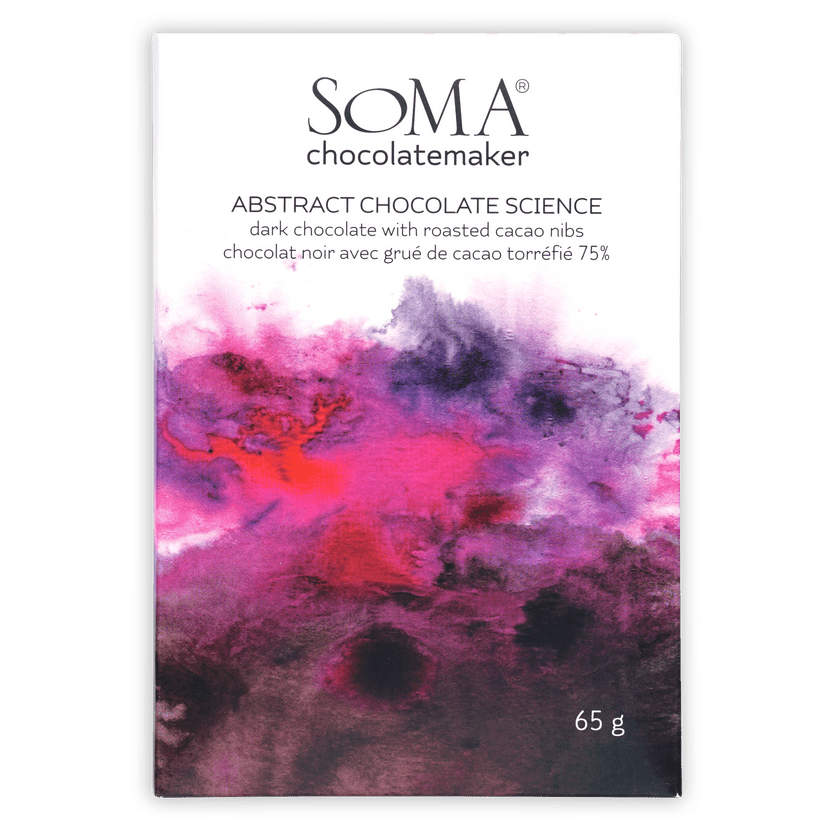 Soma Abstract Chocolate Science 75% bar with pink, purple, red swirls on white wrapper