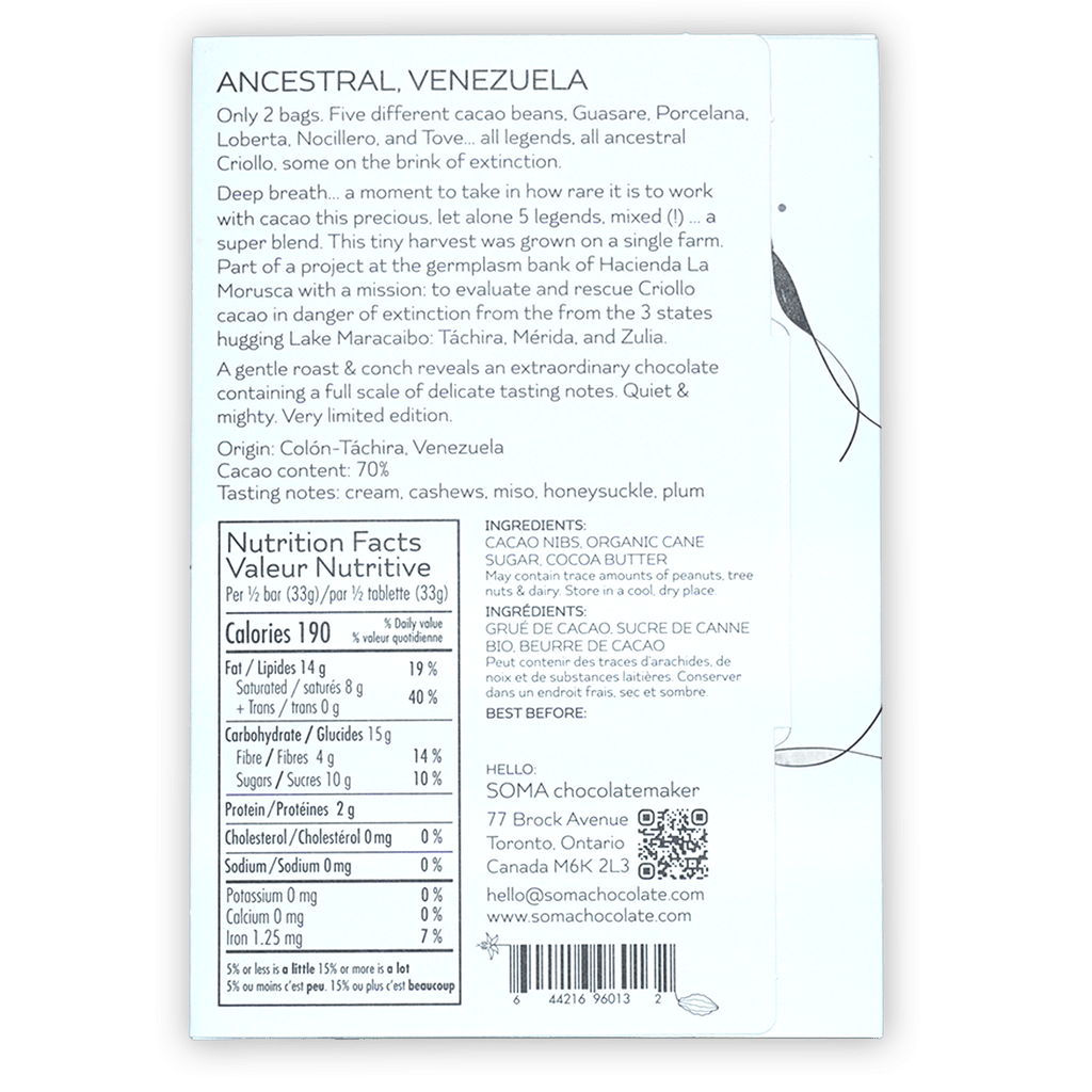 Soma Ancestral Venezuela 70% white wrapper with black text and leaf illustrations
