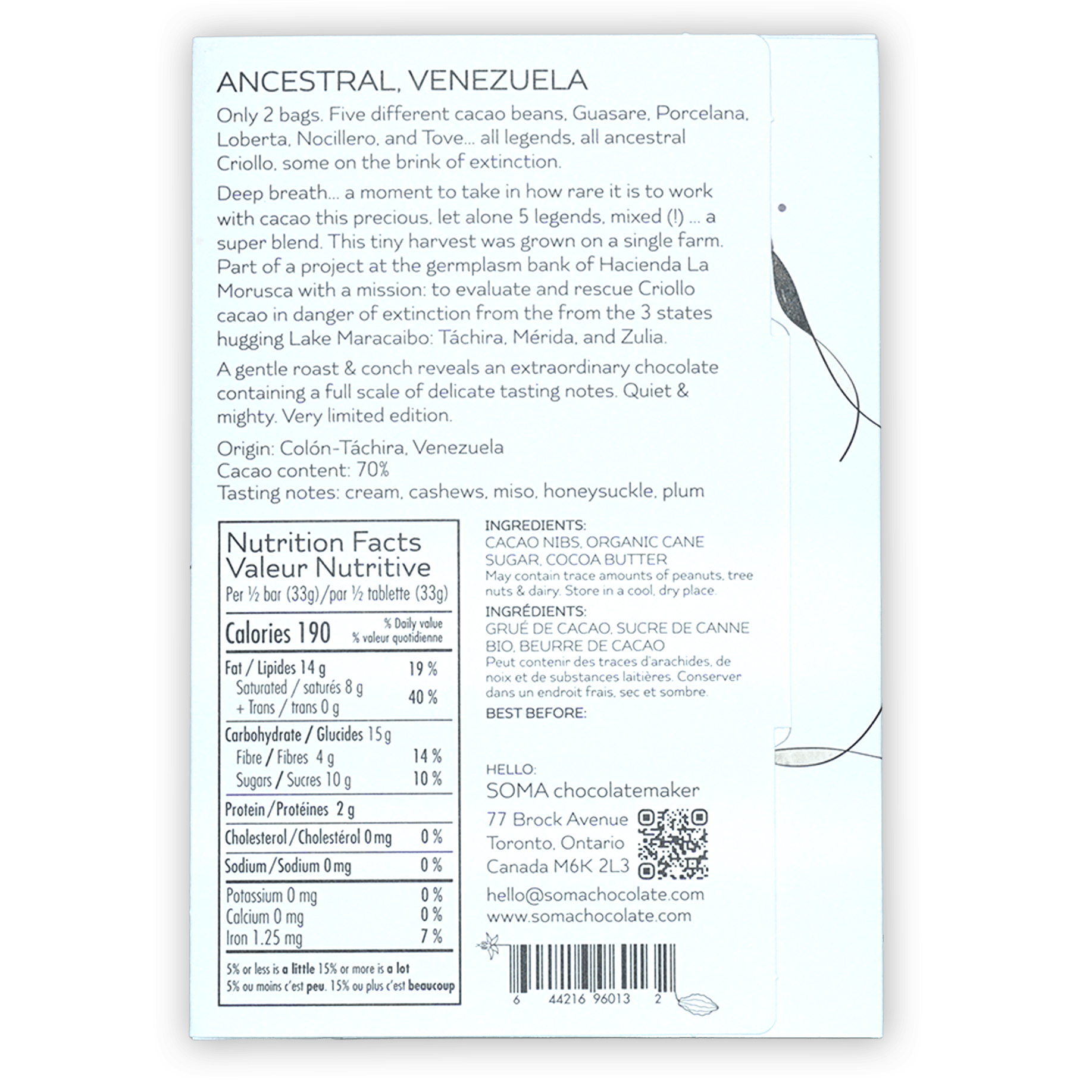 Soma Ancestral Venezuela 70% white wrapper with black text and leaf illustrations