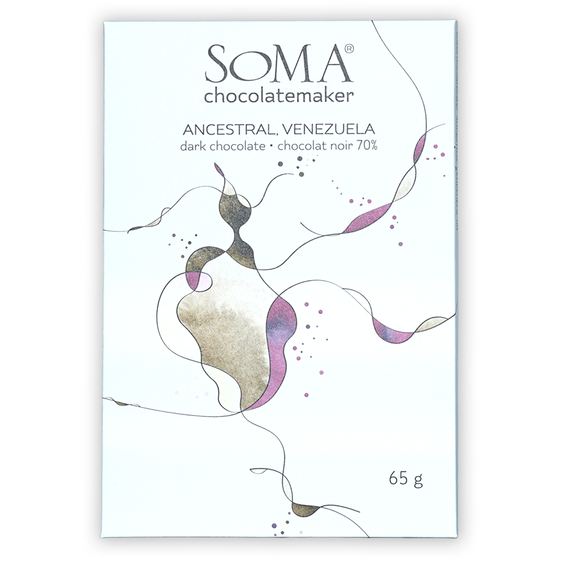 Soma Ancestral Venezuela 70% dark chocolate bar in white wrapper with purple gold swirls