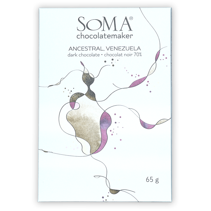 Soma Ancestral Venezuela 70% dark chocolate bar in white wrapper with purple gold swirls