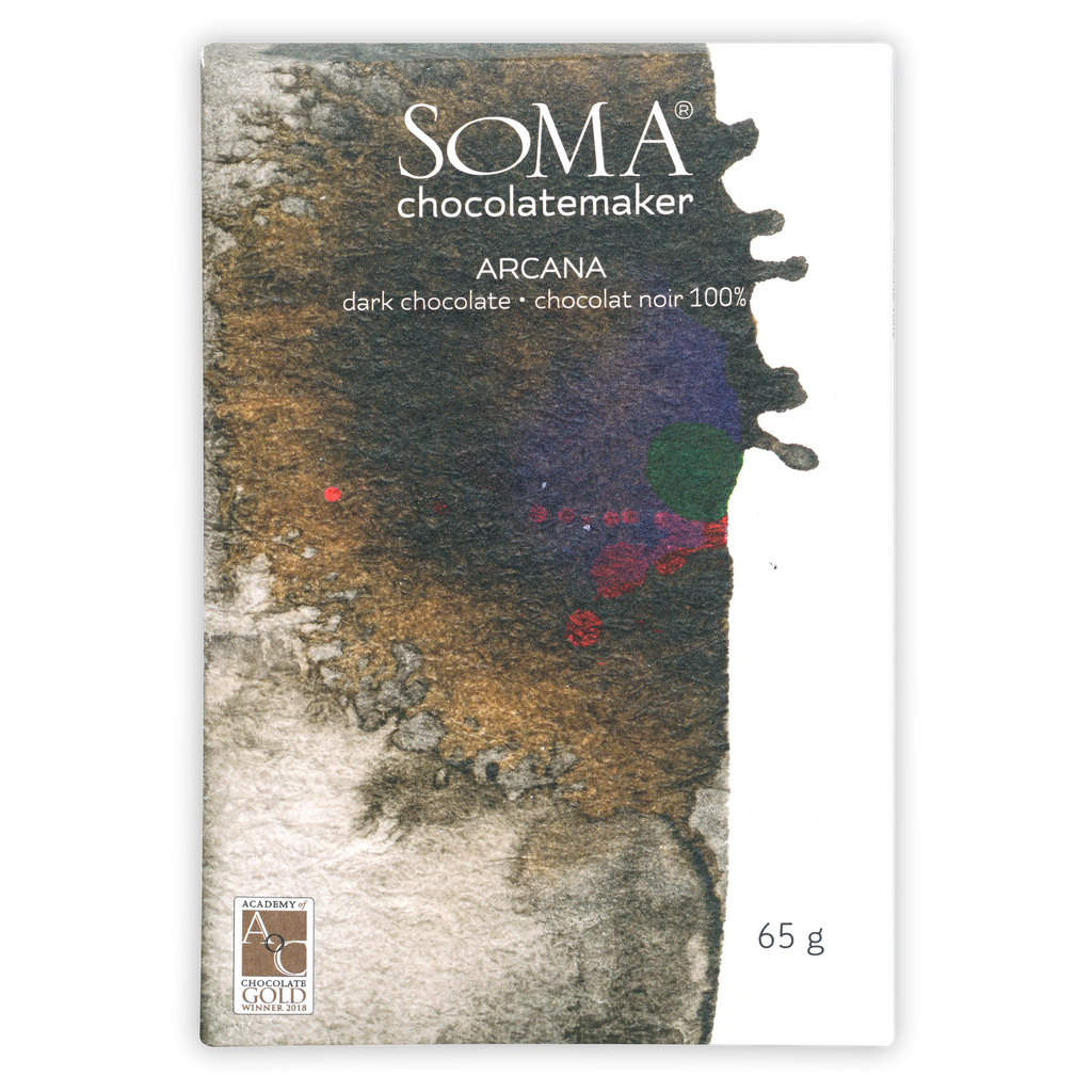 Soma Arcana Special Porcelana 100% dark chocolate bar in textured wrapper