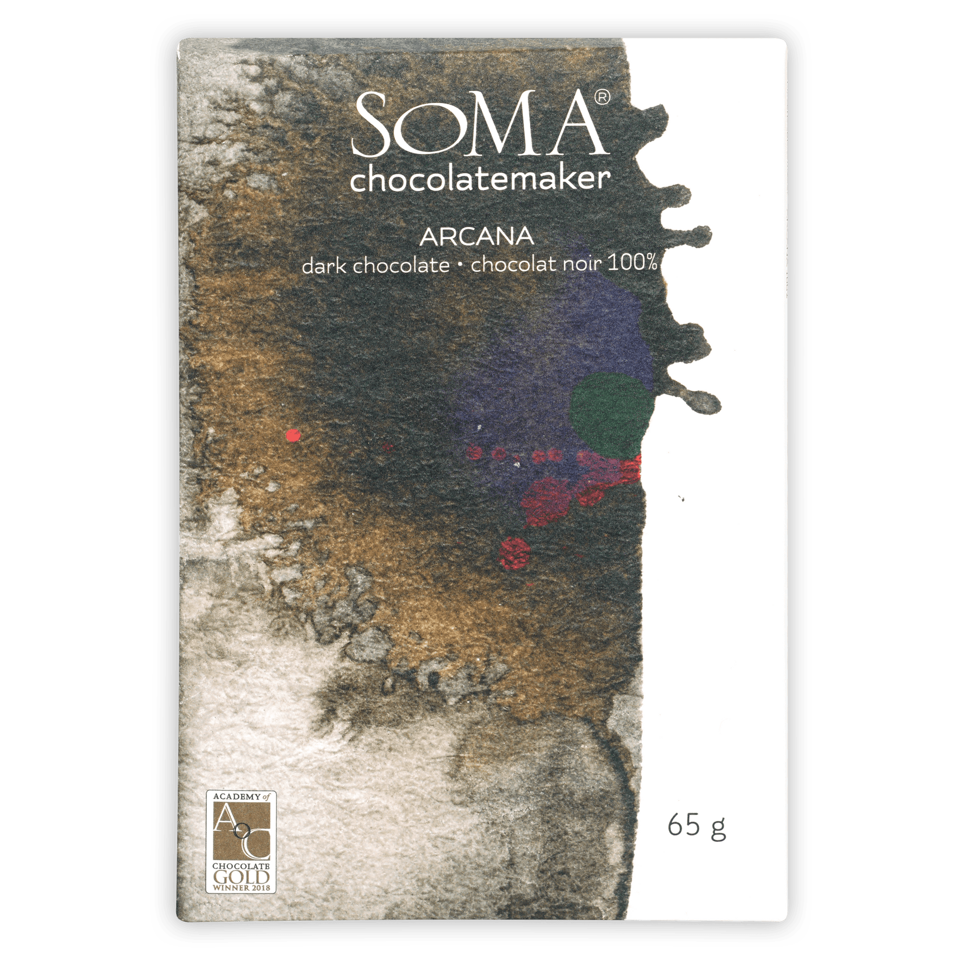 Soma Arcana Special Porcelana 100% dark chocolate bar in textured wrapper