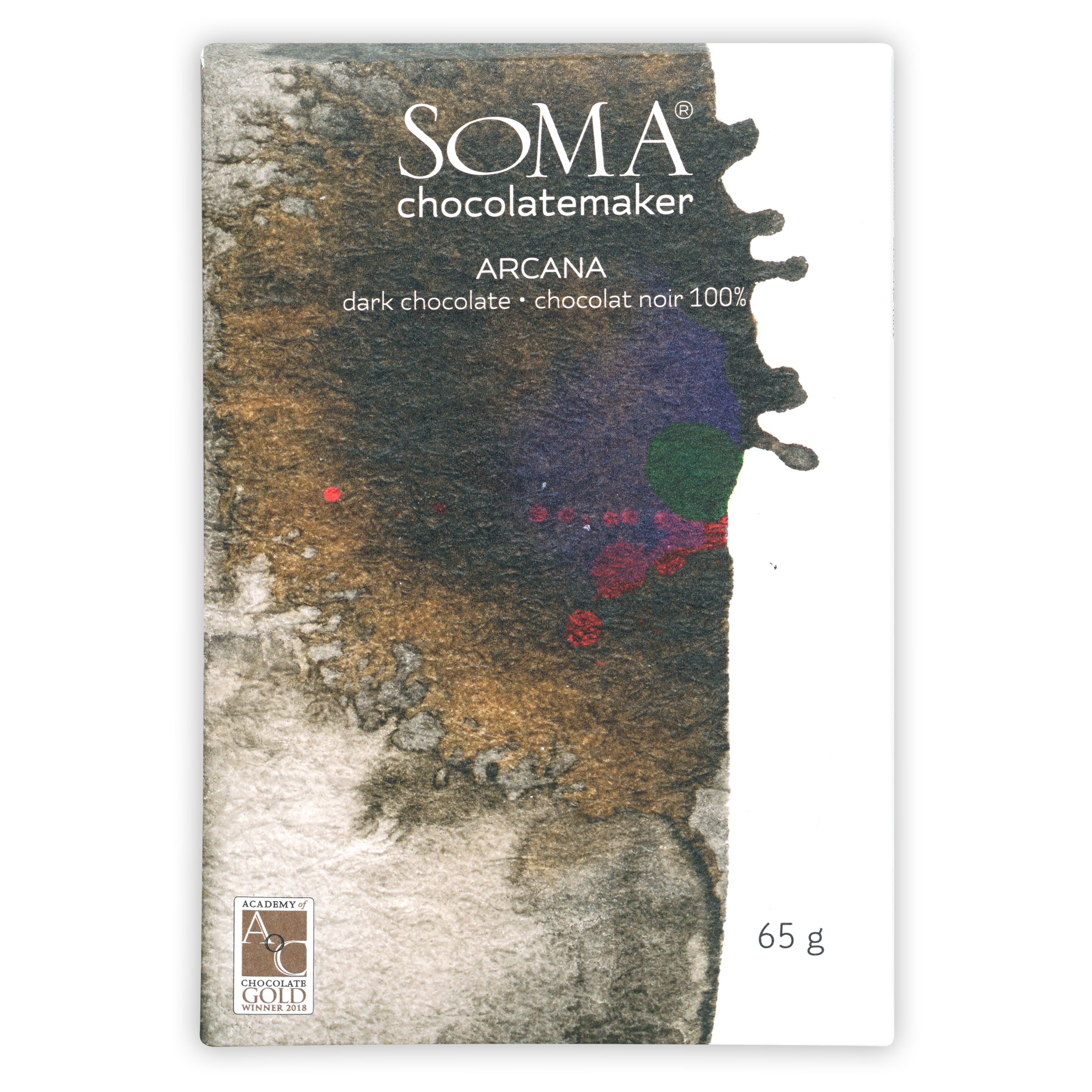 Soma Arcana Special Porcelana 100% dark chocolate bar in textured wrapper
