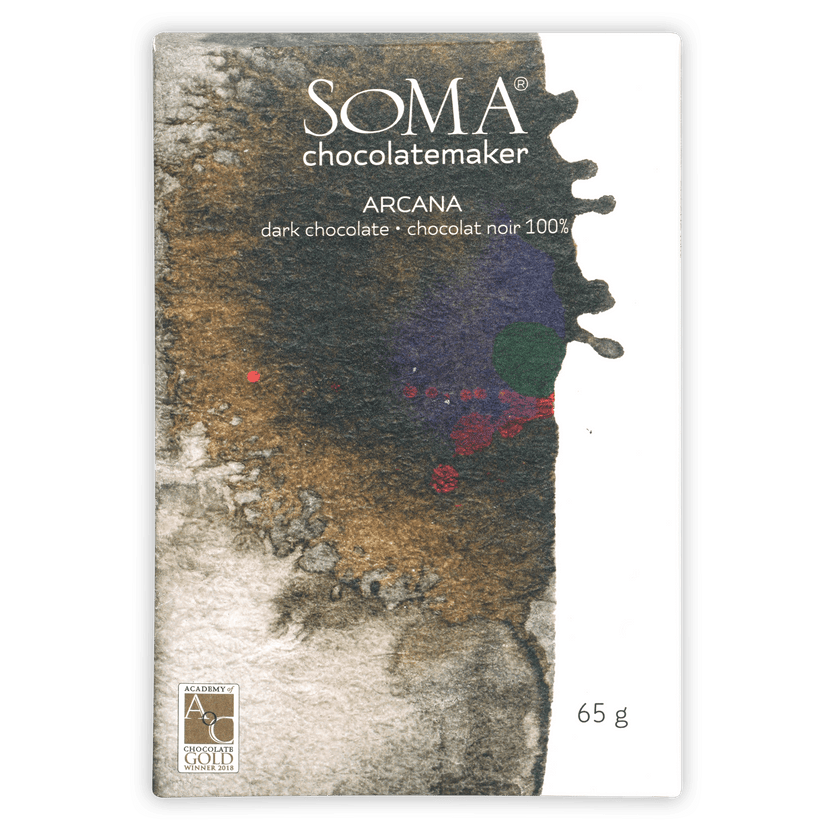 Soma Arcana Special Porcelana 100% dark chocolate bar in textured wrapper