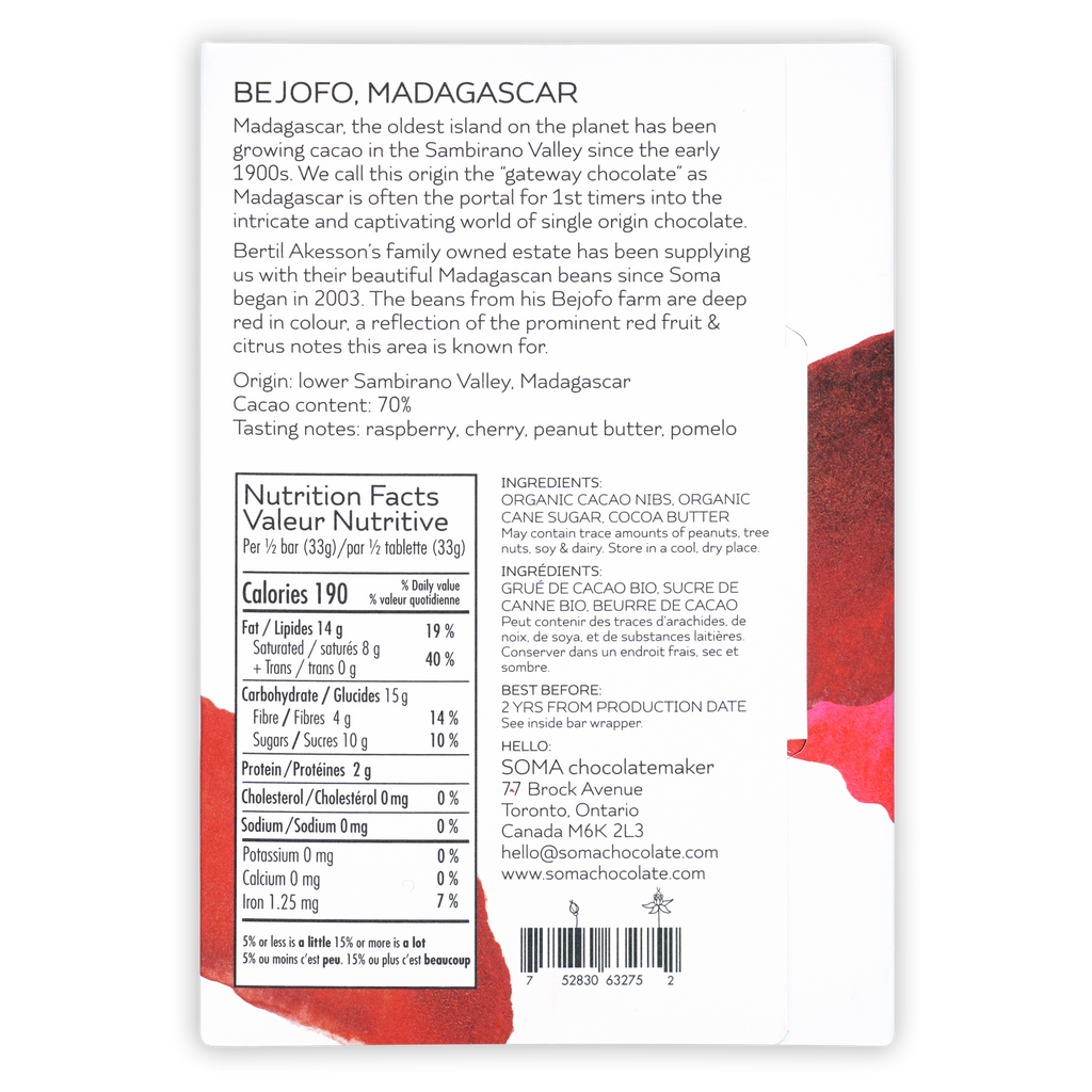 Soma Bejofo Madagascar 70% white chocolate bar wrapper back