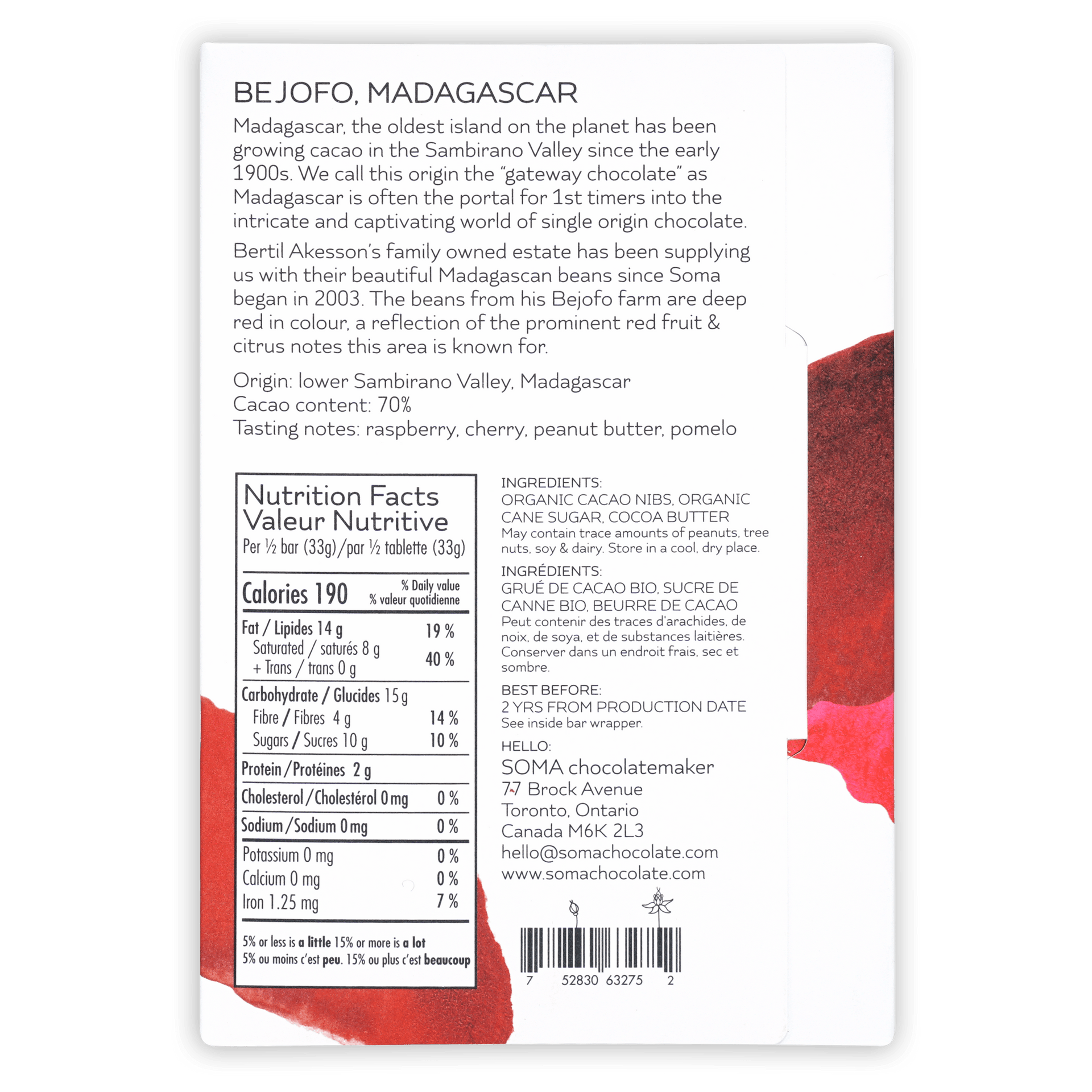 Soma Bejofo Madagascar 70% white chocolate bar wrapper back