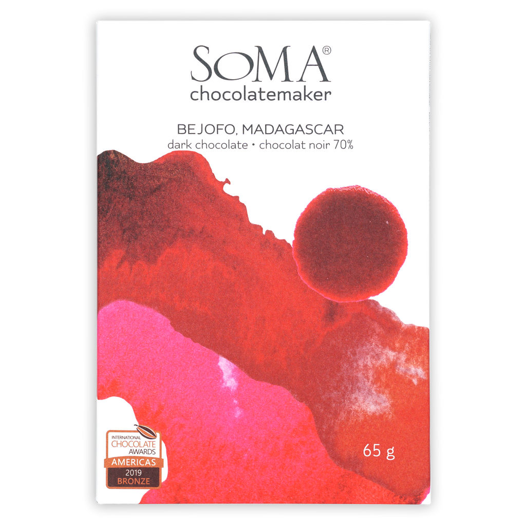 Soma Bejofo Madagascar 70% dark chocolate bar in red pink wrapper