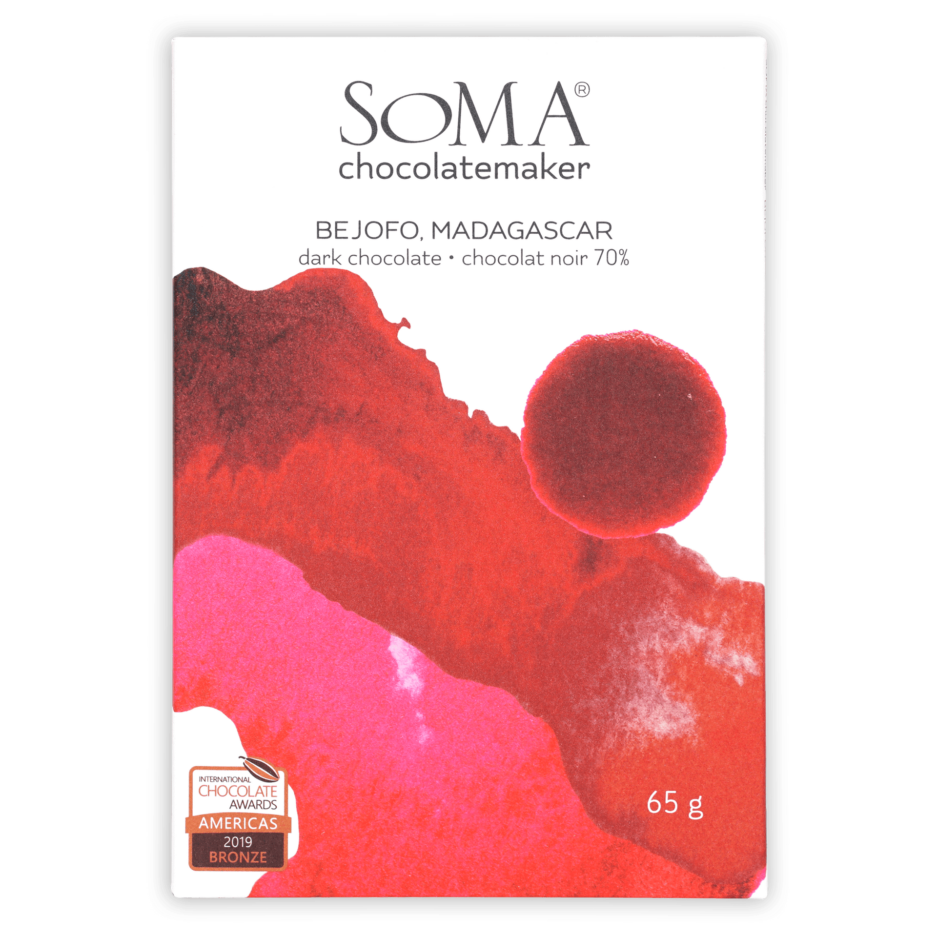Soma Bejofo Madagascar 70% dark chocolate bar in red pink wrapper