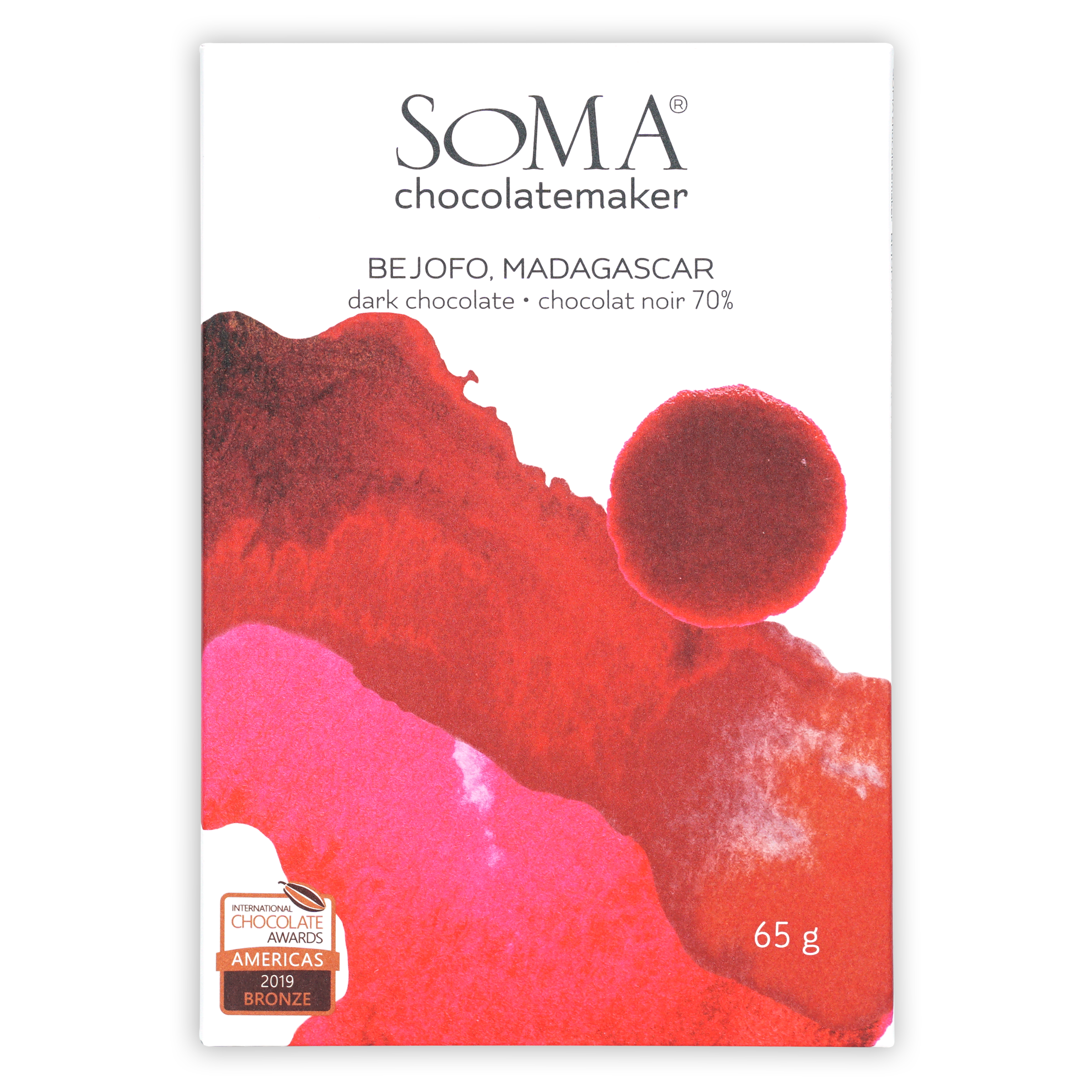 Soma Bejofo Madagascar 70% dark chocolate bar in red pink wrapper