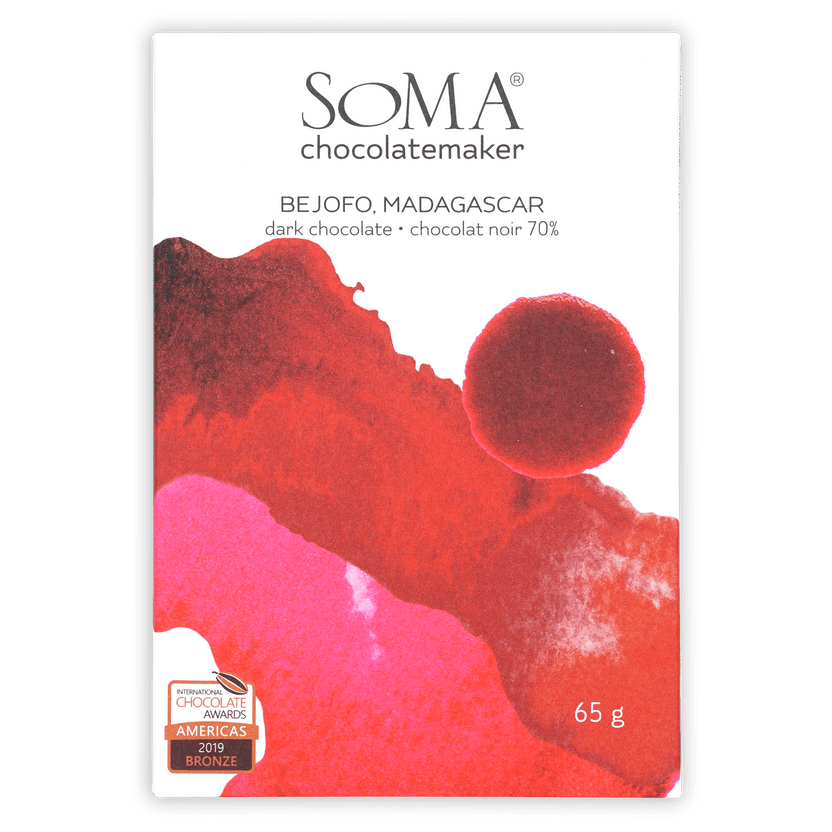 Soma Bejofo Madagascar 70% dark chocolate bar in red pink wrapper