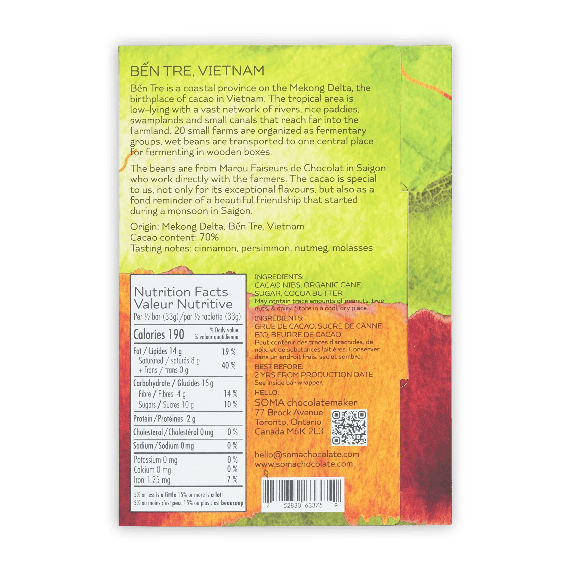Back of Soma Vietnam Ben Tre Dark 70% colorful wrapper