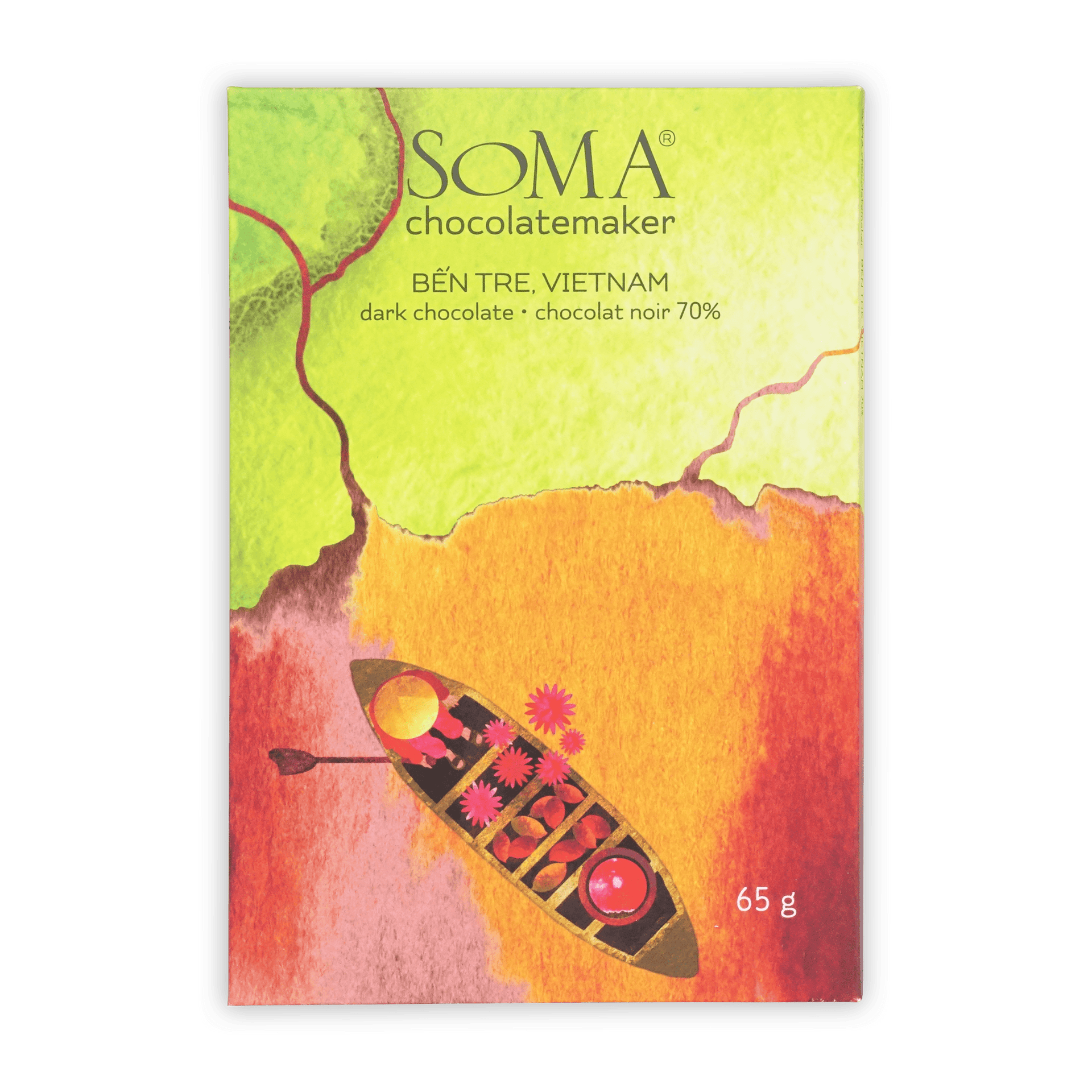 Soma Vietnam Ben Tre Dark 70% chocolate bar in vibrant canoe wrapper