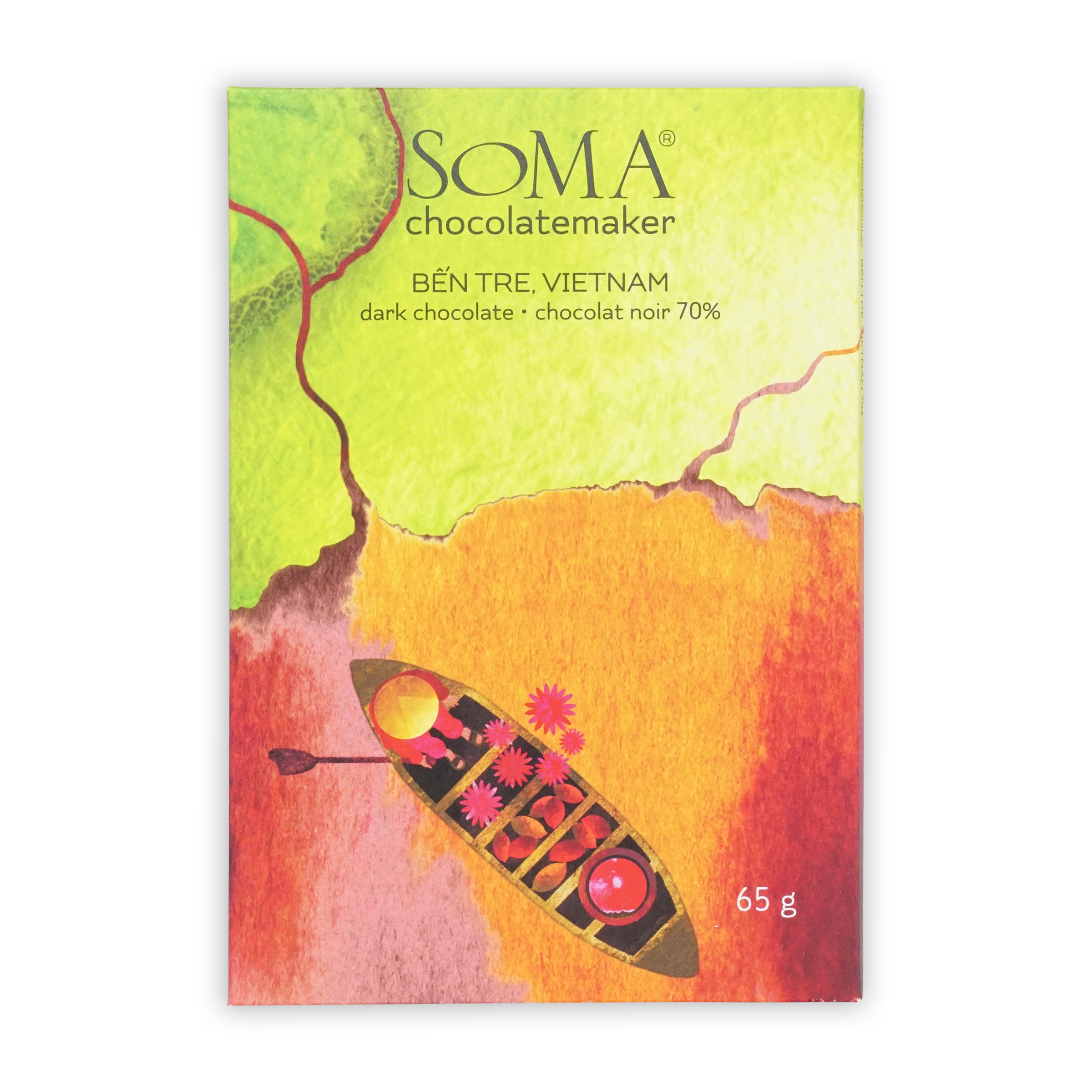 Soma Vietnam Ben Tre Dark 70% chocolate bar in vibrant canoe wrapper