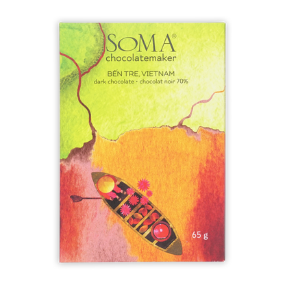 Soma Vietnam Ben Tre Dark 70% chocolate bar in vibrant canoe wrapper