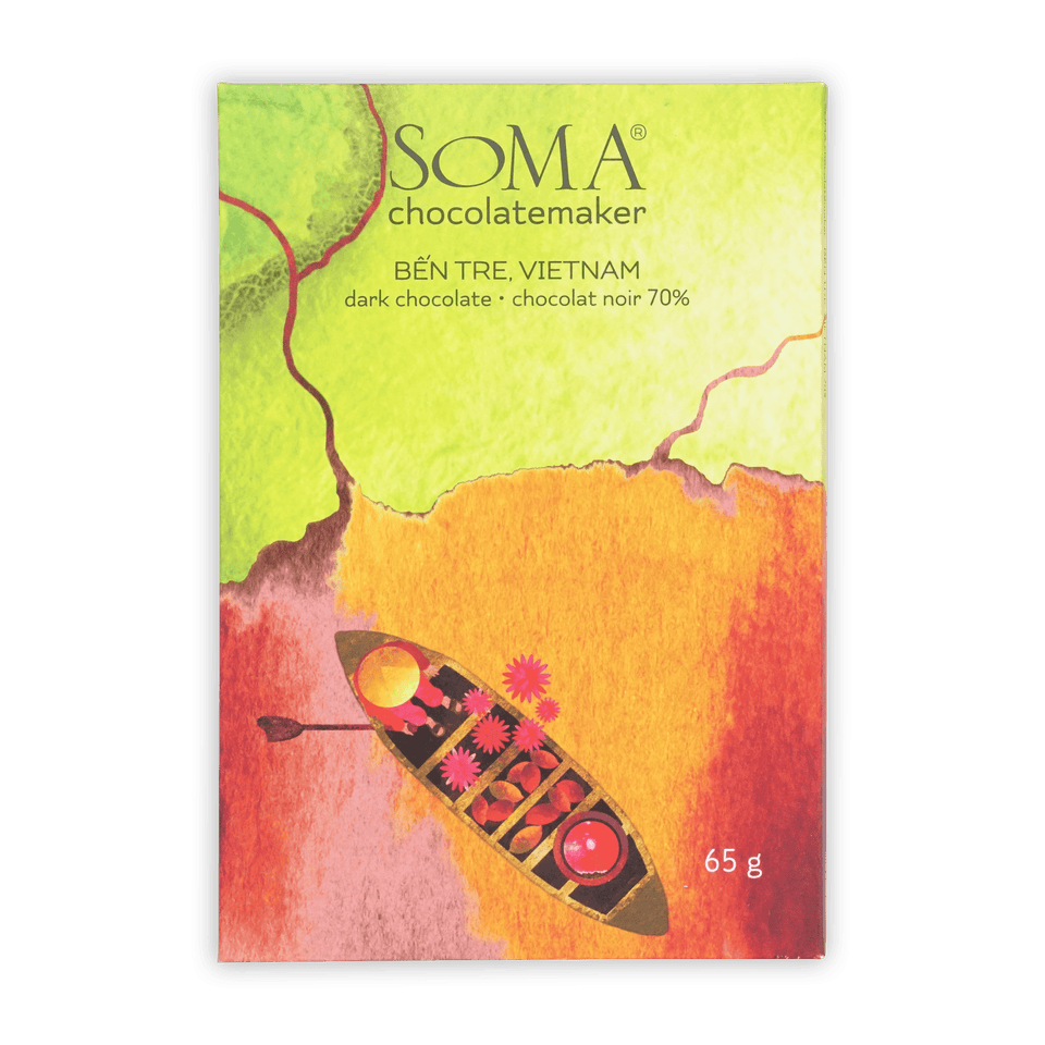 Soma Vietnam Ben Tre Dark 70% chocolate bar in vibrant canoe wrapper