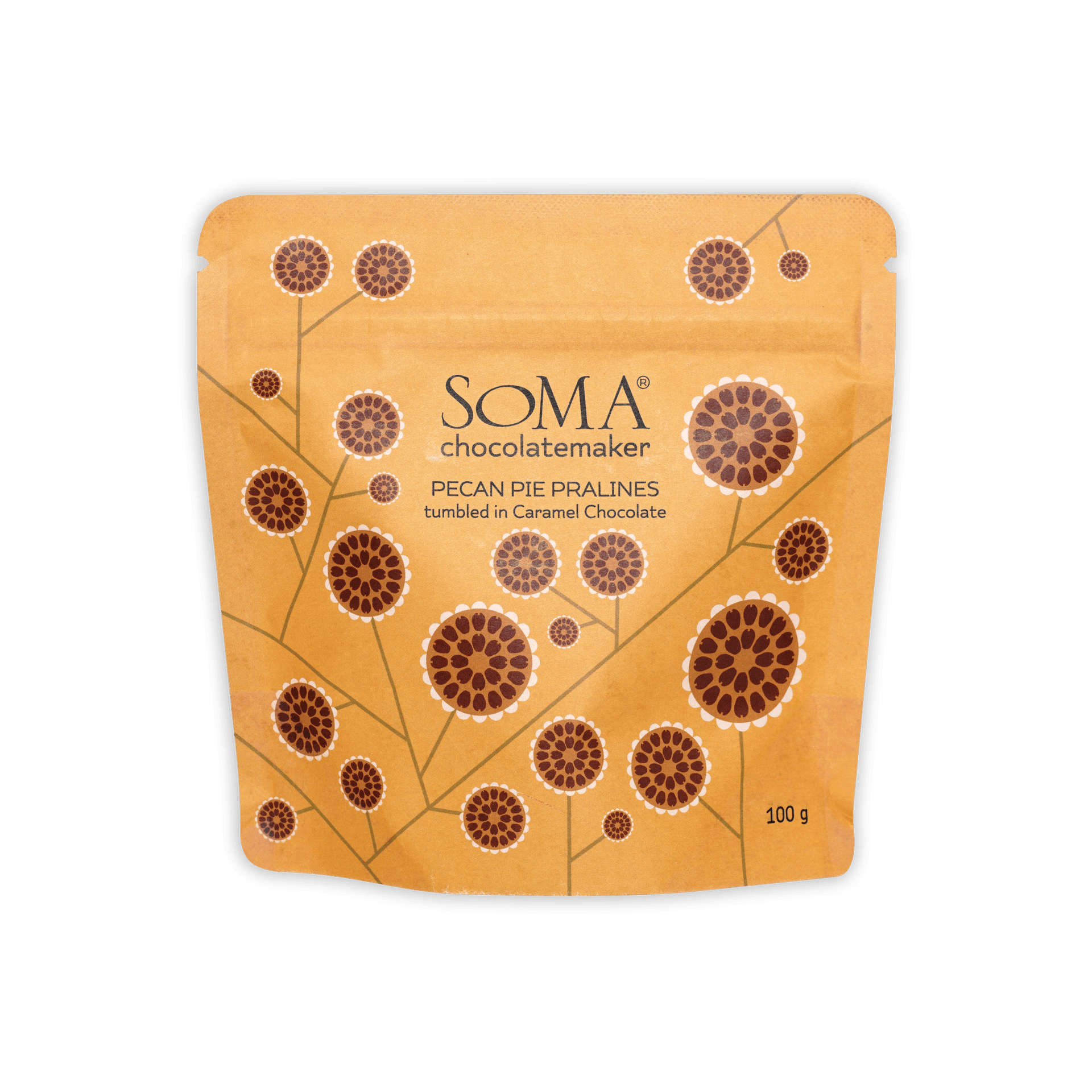 Vibrant orange Soma Chocolate Pecan Pie Pralines pouch in caramel chocolate