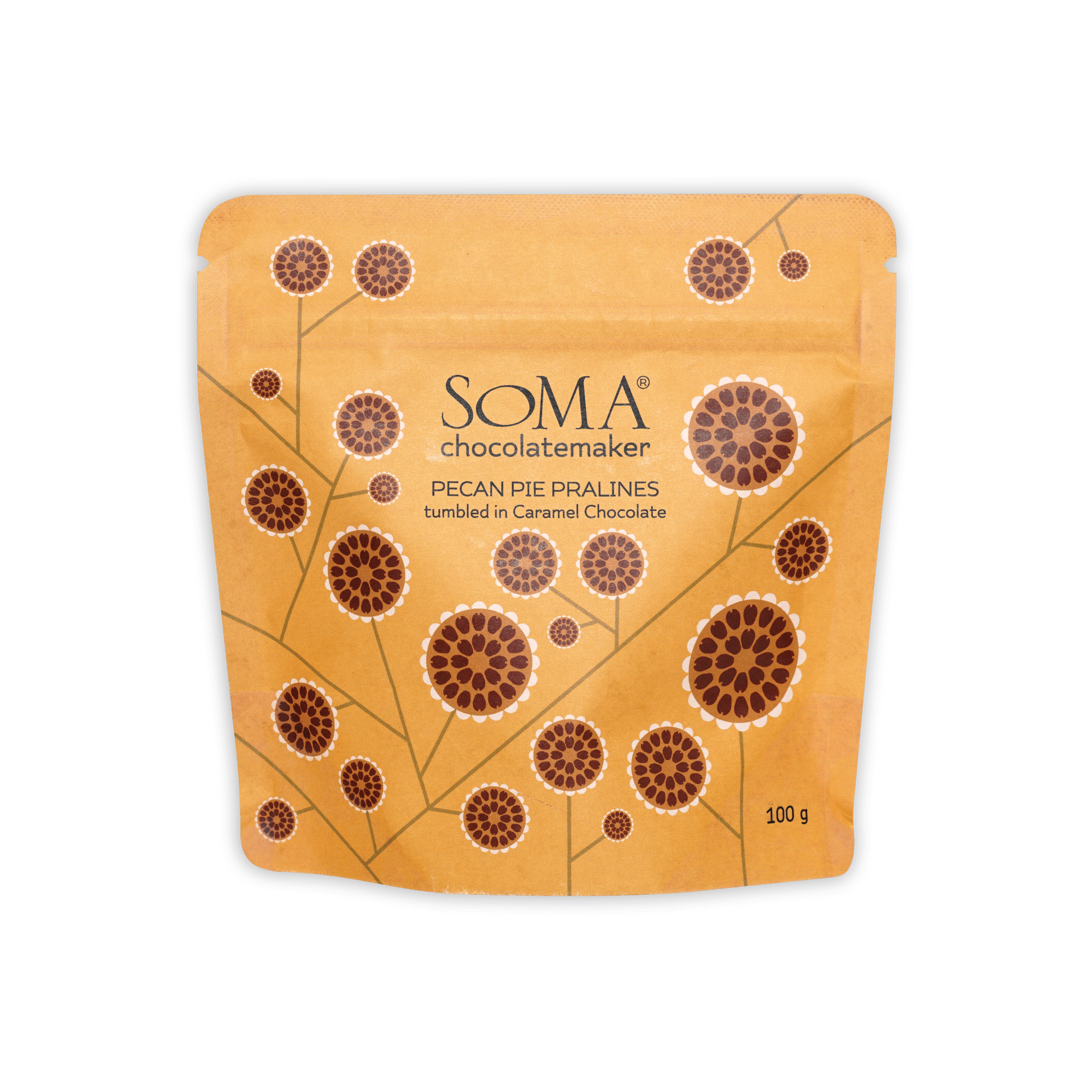 Vibrant orange Soma Chocolate Pecan Pie Pralines pouch in caramel chocolate
