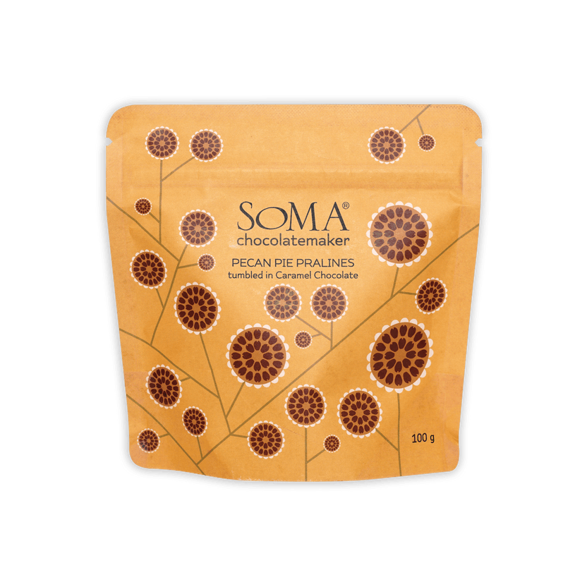 Vibrant orange Soma Chocolate Pecan Pie Pralines pouch in caramel chocolate