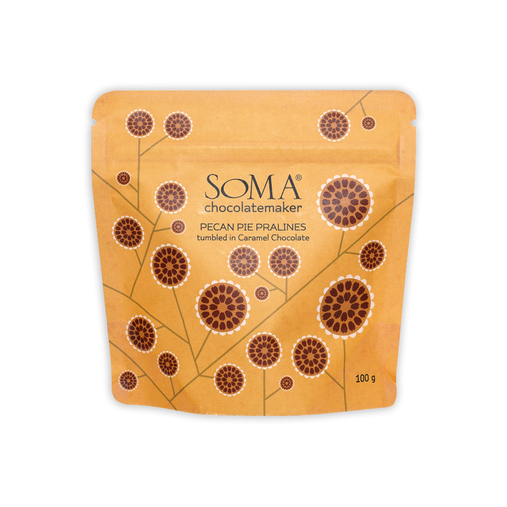 Vibrant orange Soma Chocolate Pecan Pie Pralines pouch in caramel chocolate