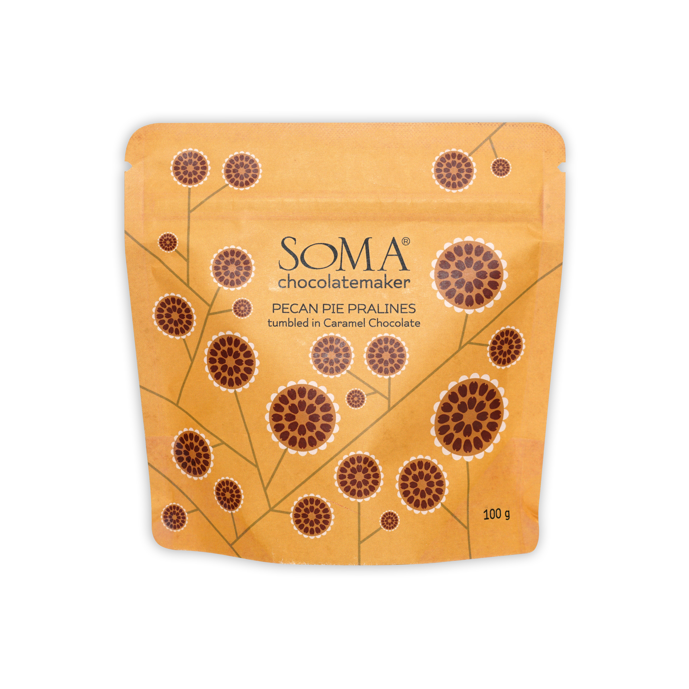 Vibrant orange Soma Chocolate Pecan Pie Pralines pouch in caramel chocolate