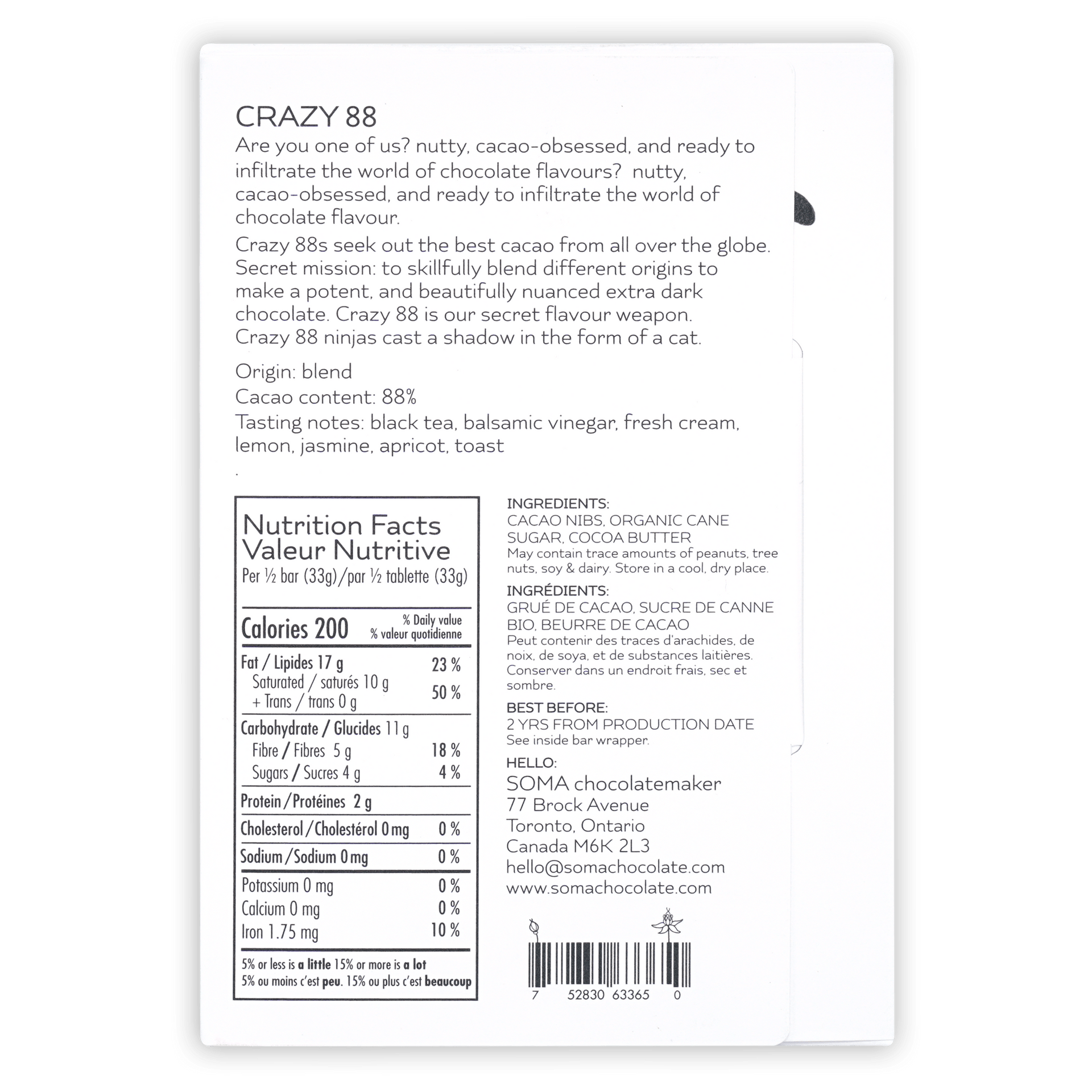 Soma Crazy 88% white rectangular chocolate bar package with black text and barcode