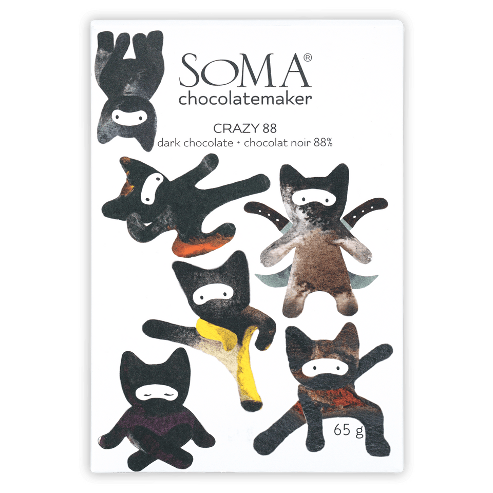 Soma Crazy 88% dark chocolate bar with ninja cat wrapper
