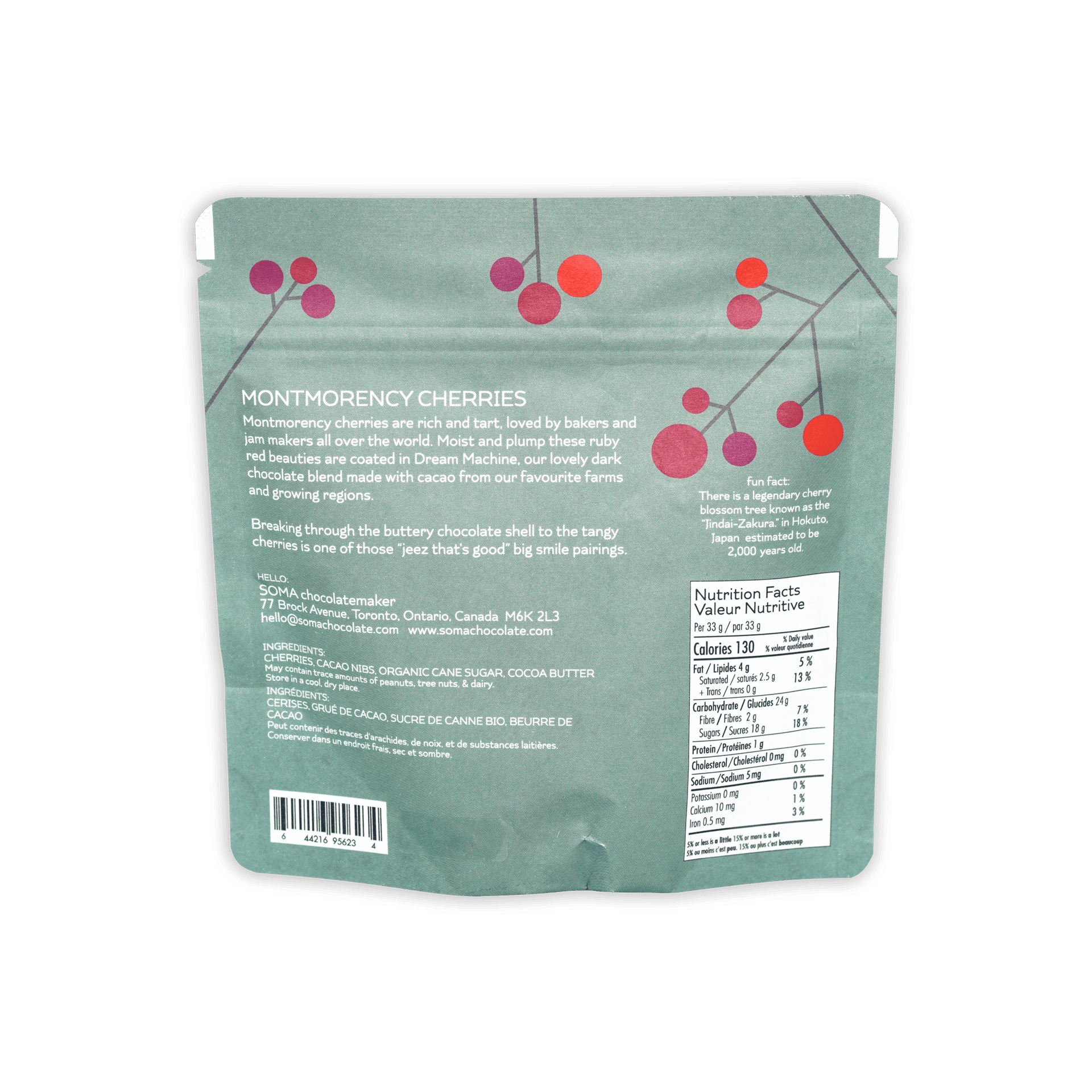 Soma Dark Chocolate Covered Cherries teal resealable pouch