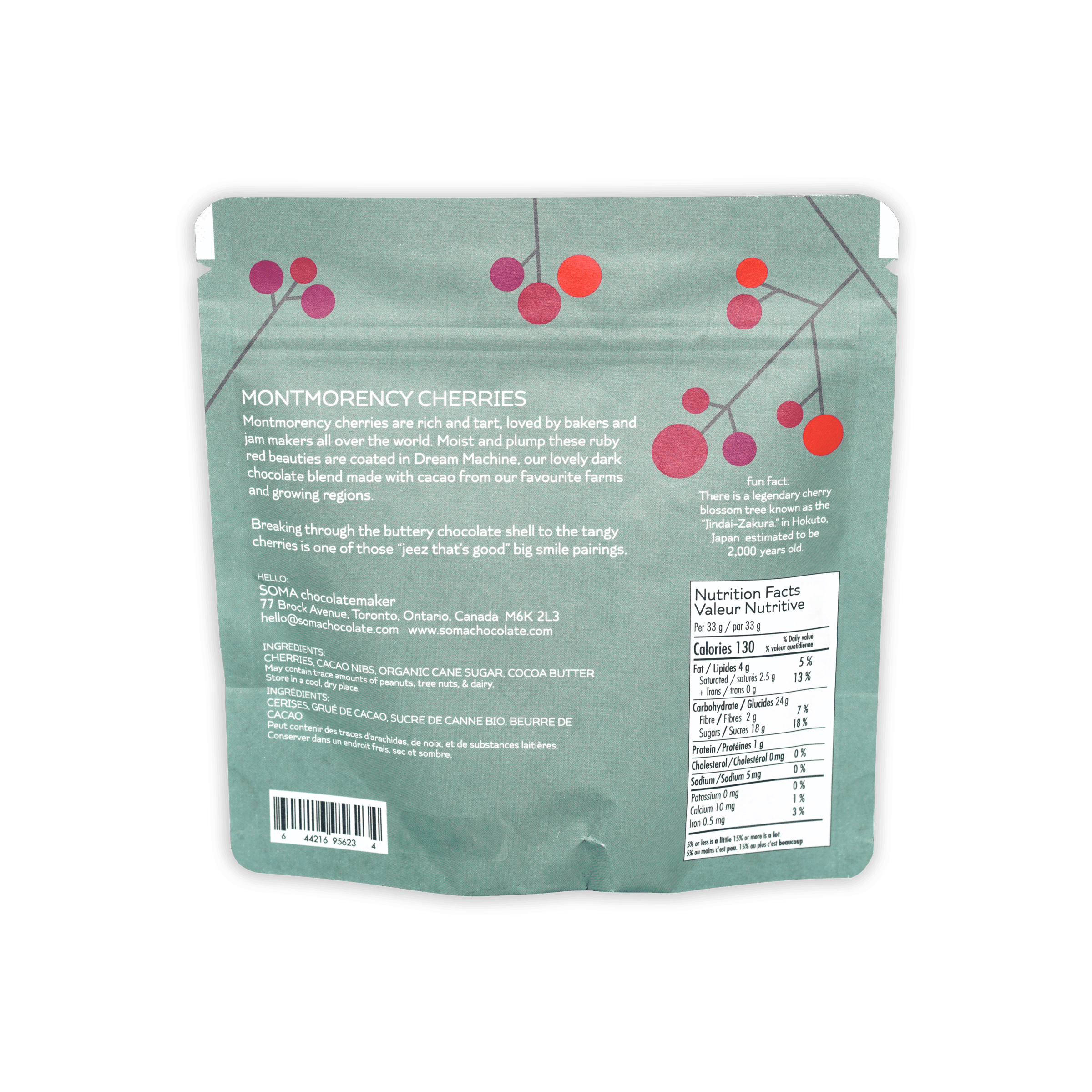 Soma Dark Chocolate Covered Cherries teal resealable pouch