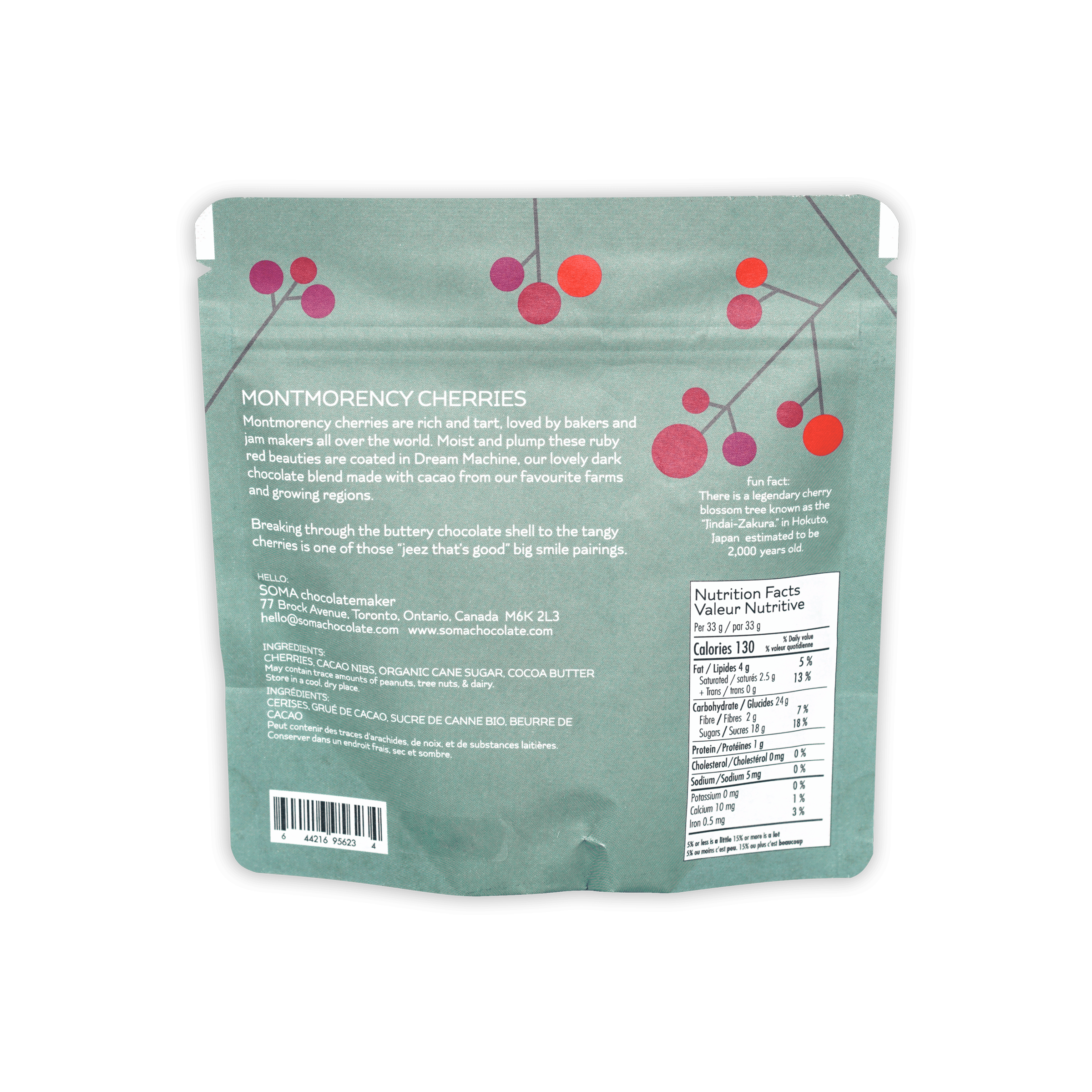 Soma Dark Chocolate Covered Cherries teal resealable pouch