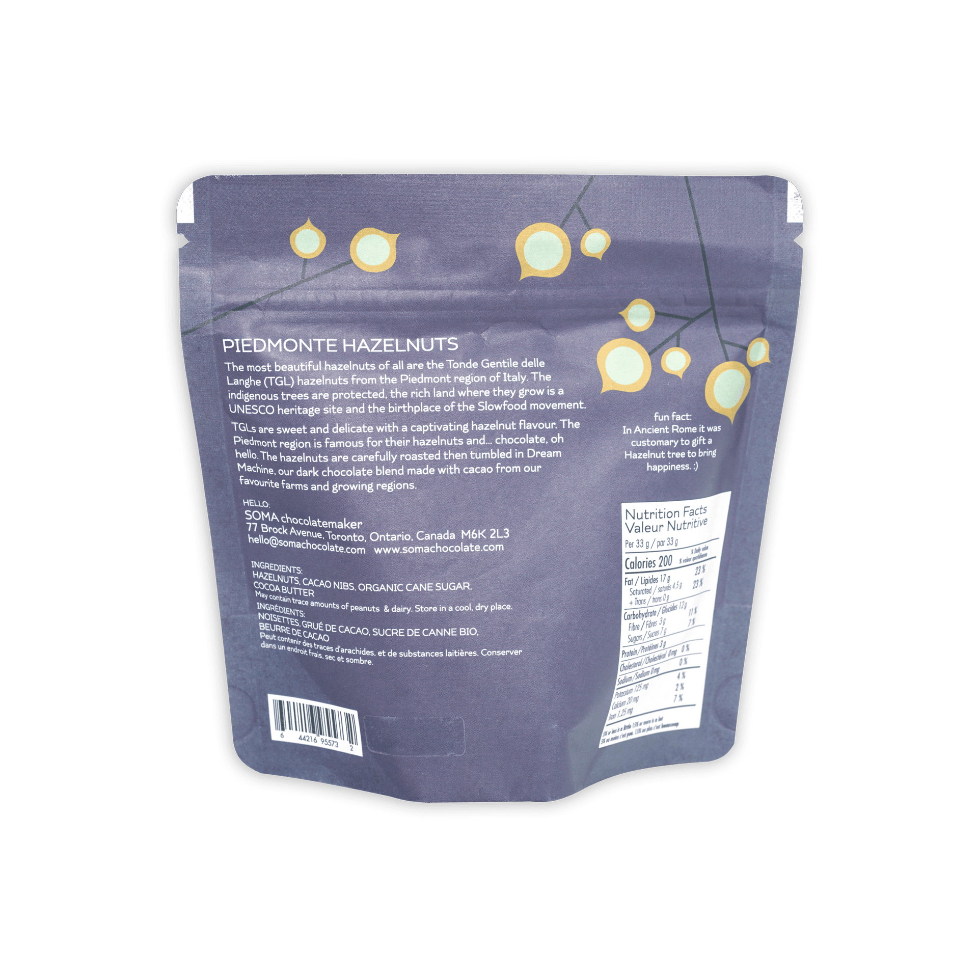 Soma Dark Chocolate Covered Hazelnuts purple resealable pouch