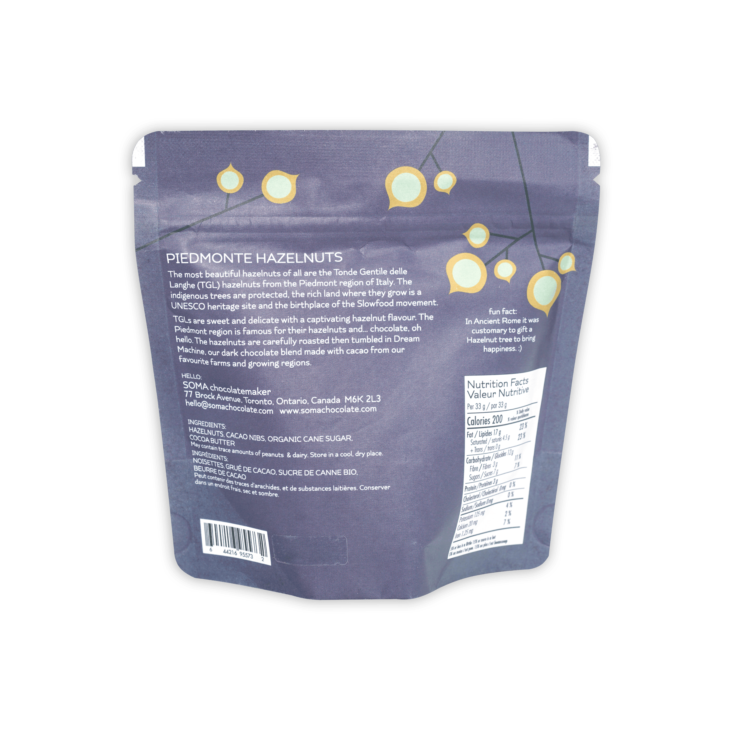 Soma Dark Chocolate Covered Hazelnuts purple resealable pouch