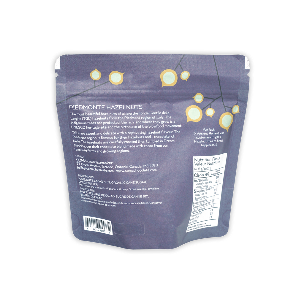 Soma Dark Chocolate Covered Hazelnuts purple resealable pouch