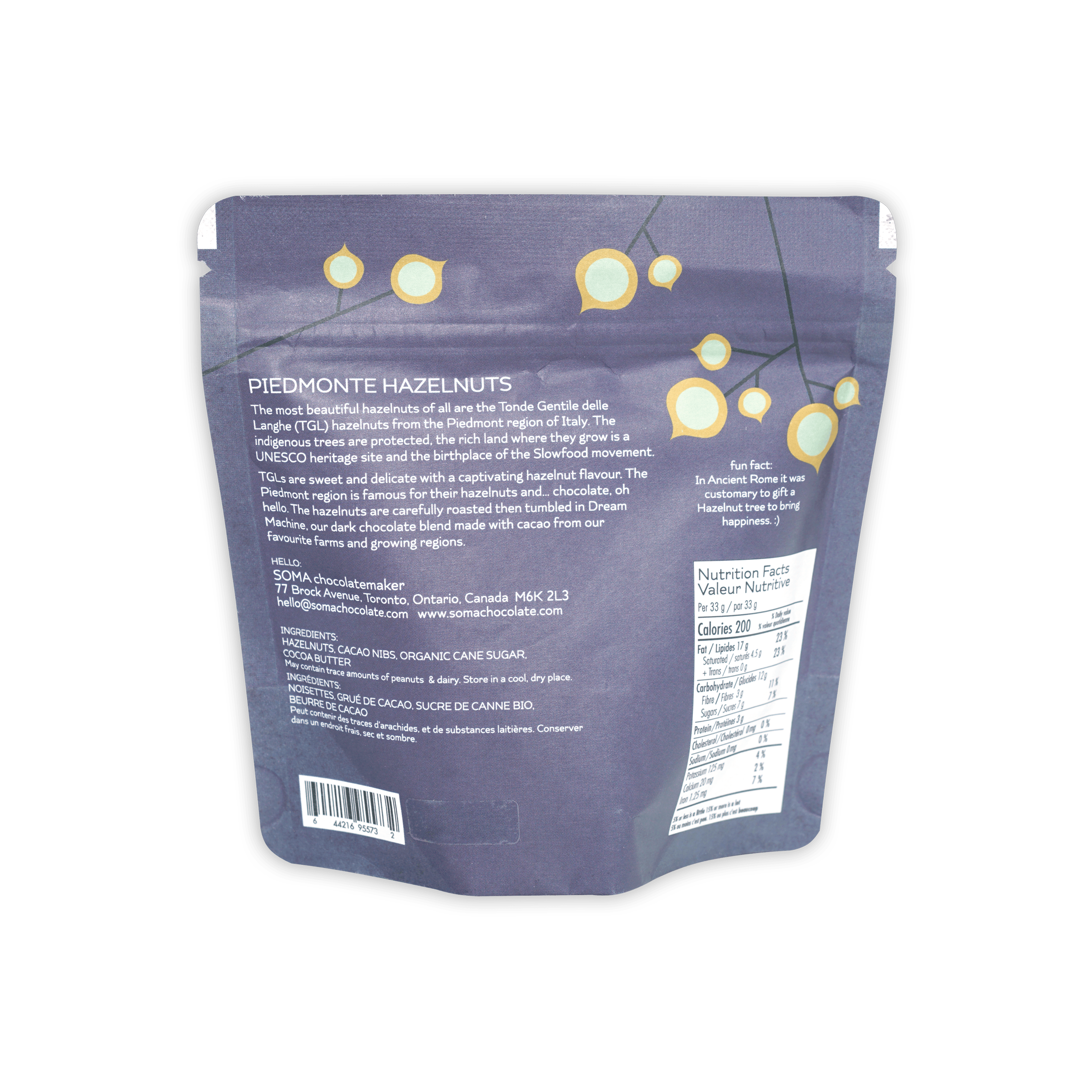 Soma Dark Chocolate Covered Hazelnuts purple resealable pouch