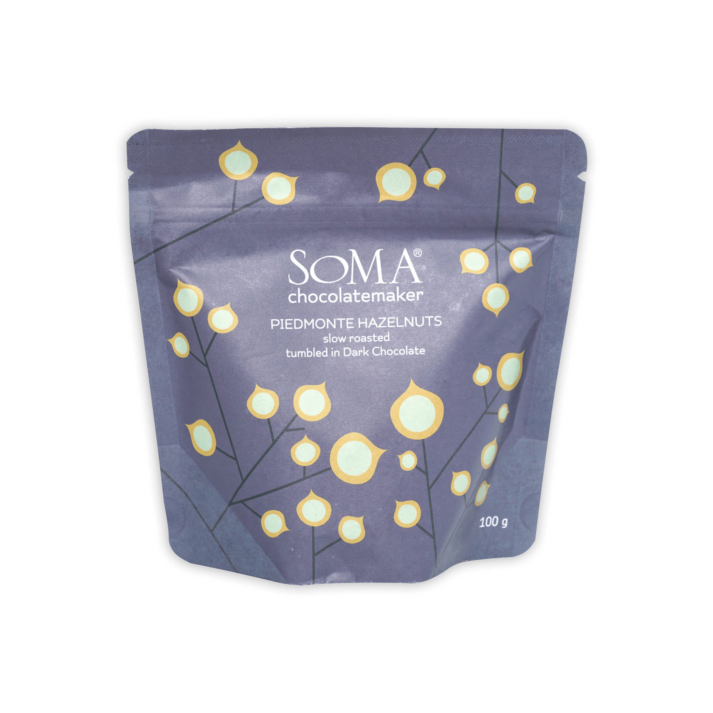 Soma Dark Chocolate Covered Hazelnuts purple resealable pouch