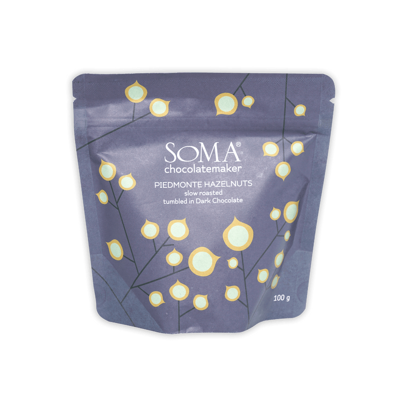 Soma Dark Chocolate Covered Hazelnuts purple resealable pouch