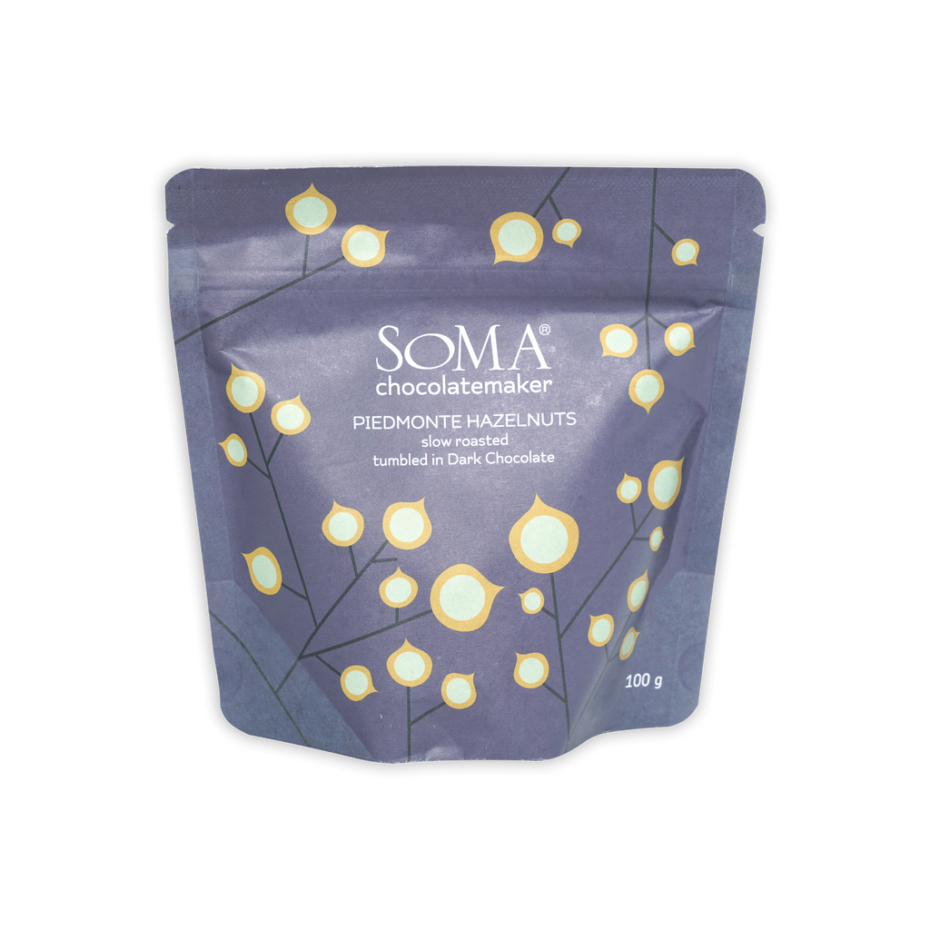 Soma Dark Chocolate Covered Hazelnuts purple resealable pouch