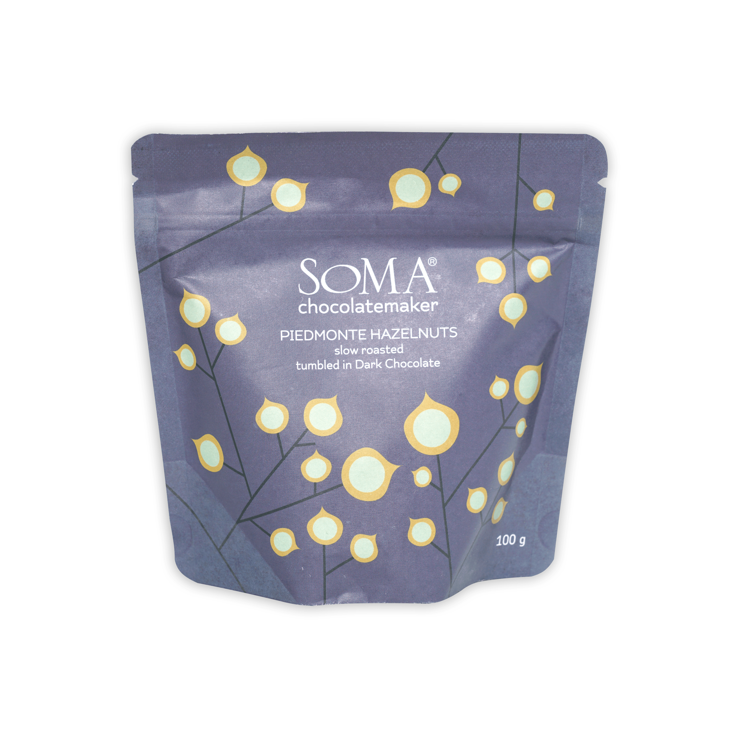 Soma Dark Chocolate Covered Hazelnuts purple resealable pouch