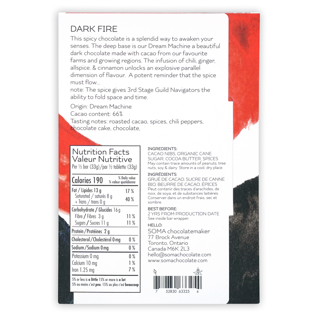 Soma Dark Fire 66% chocolate bar with spicy red white wrapper