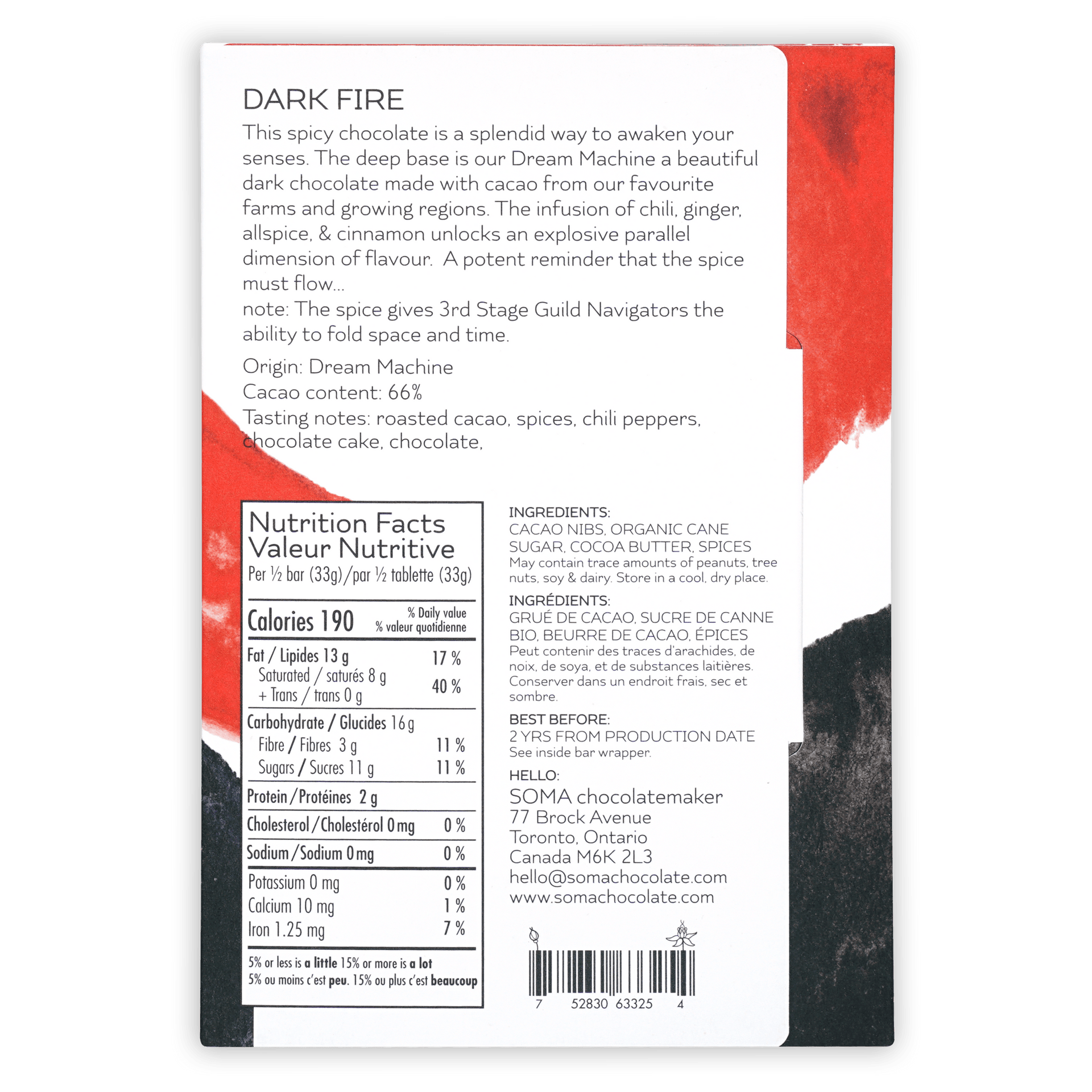 Soma Dark Fire 66% chocolate bar with spicy red white wrapper