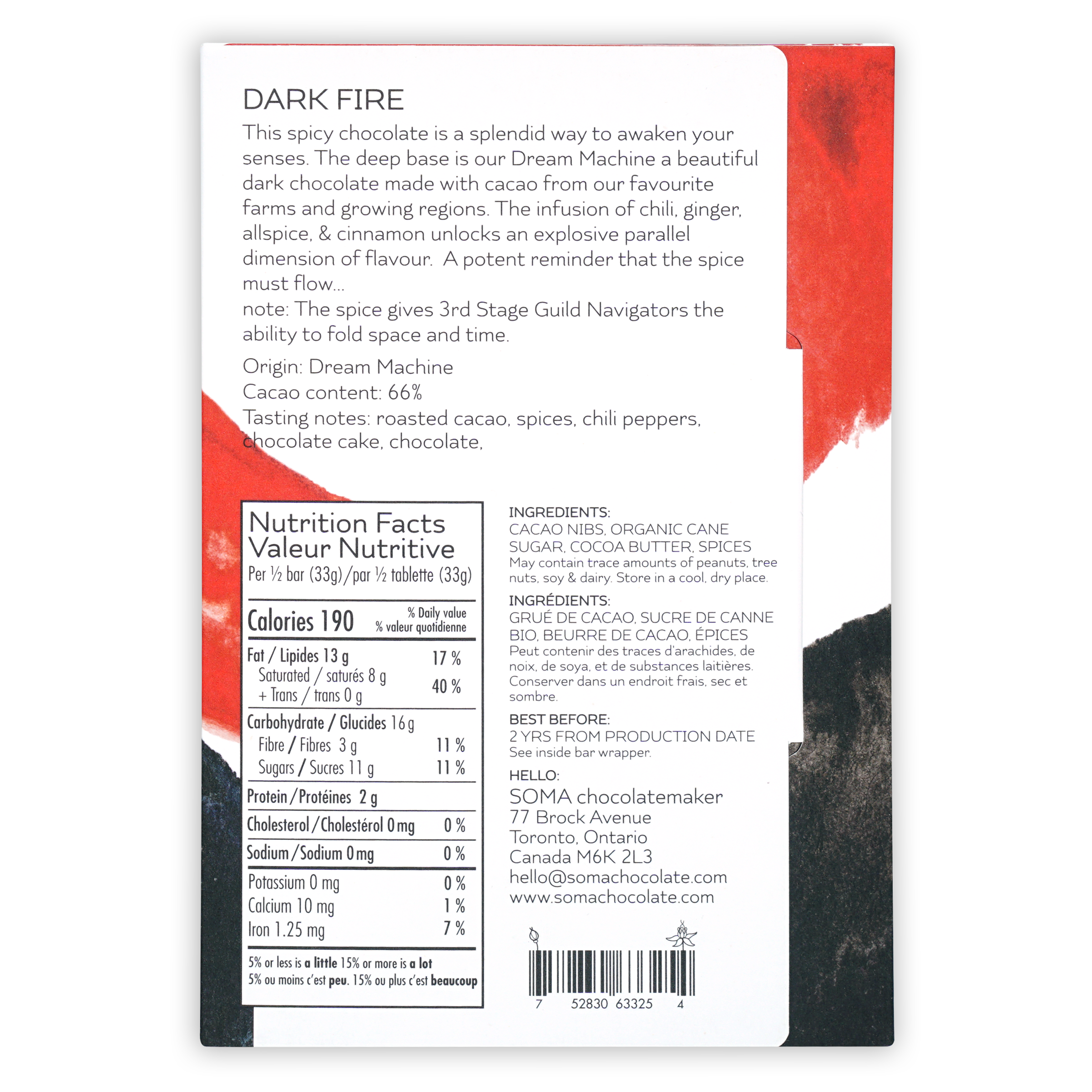 Soma Dark Fire 66% chocolate bar with spicy red white wrapper