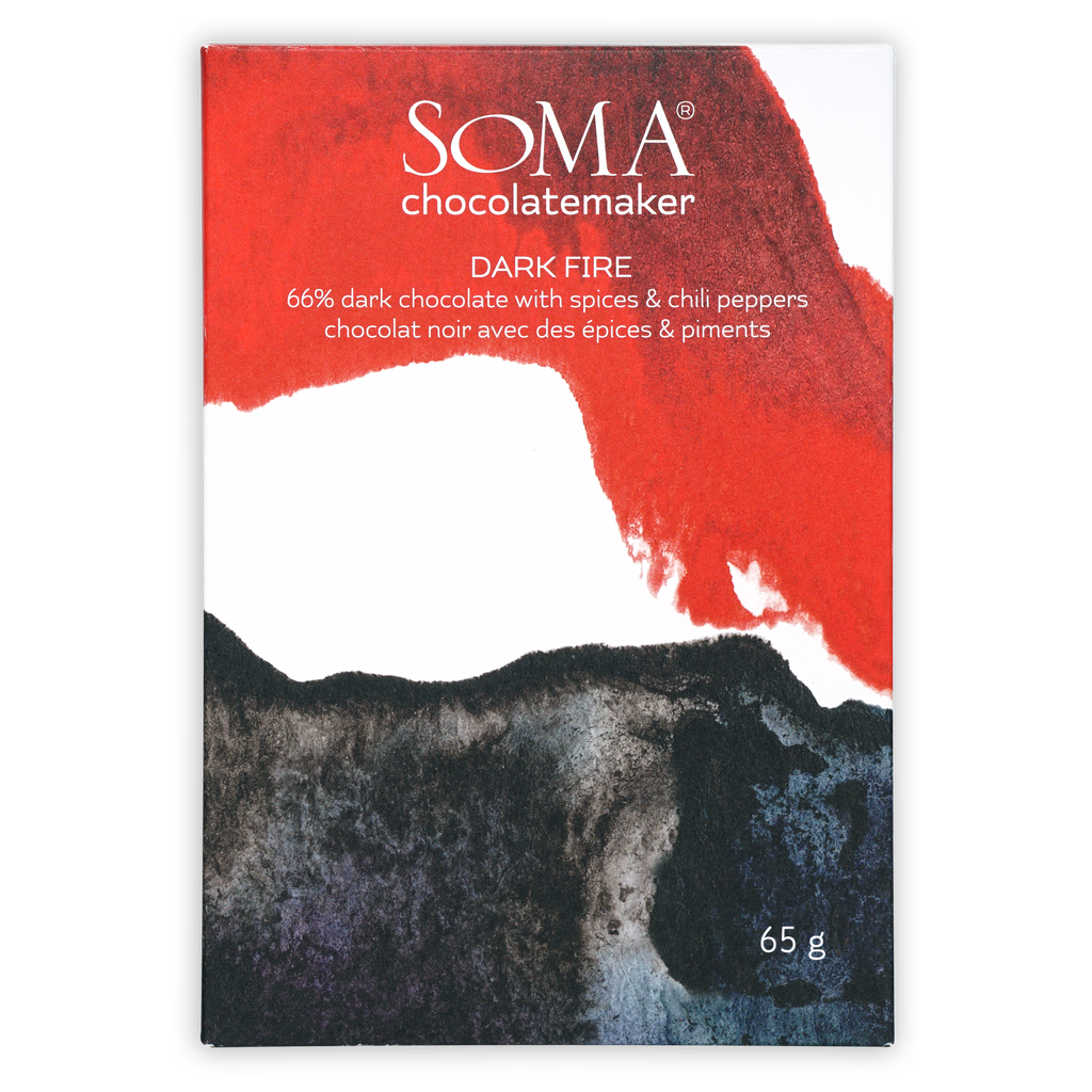 Soma Dark Fire 66% chocolate bar in vibrant red white gray wrapper