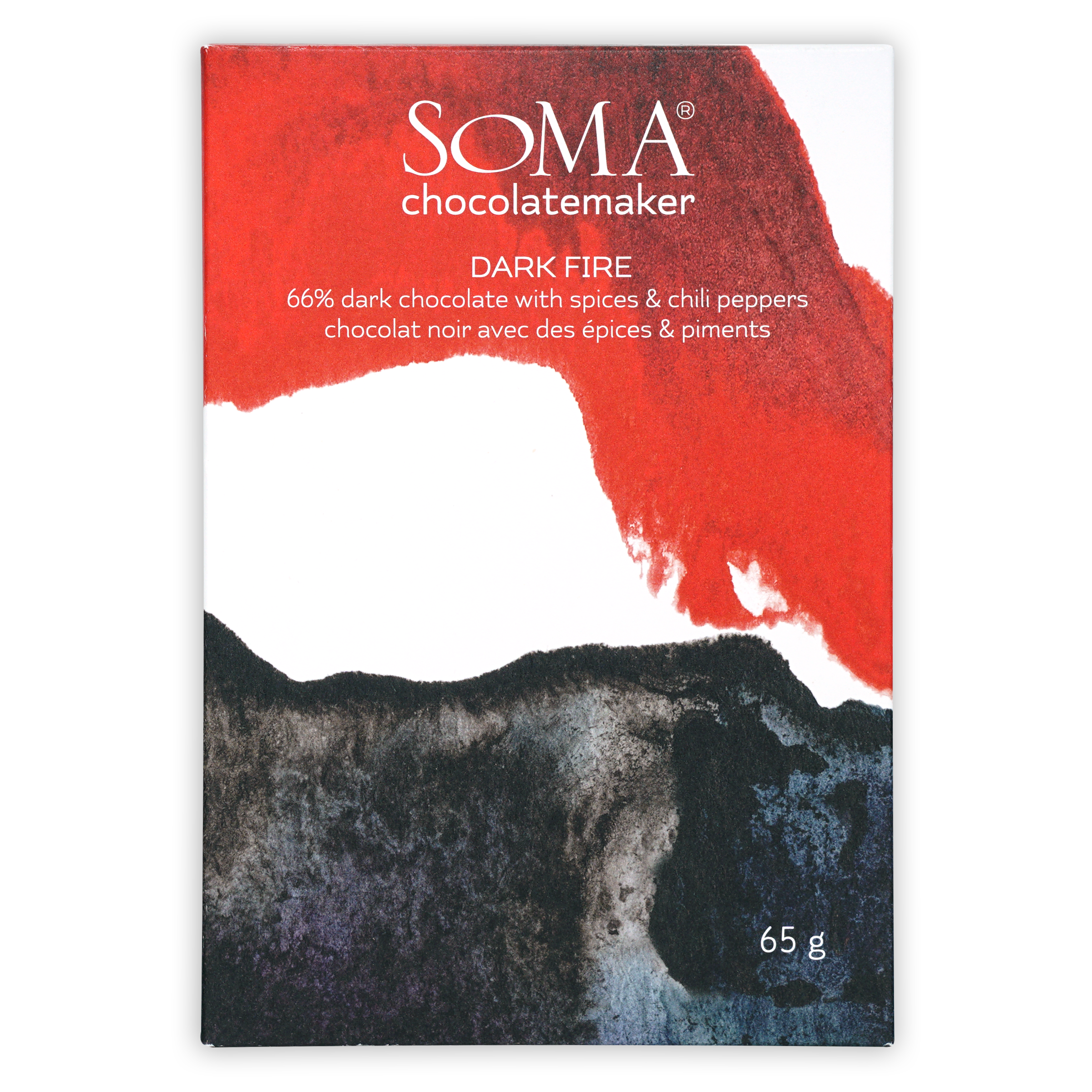 Soma Dark Fire 66% chocolate bar in vibrant red white gray wrapper