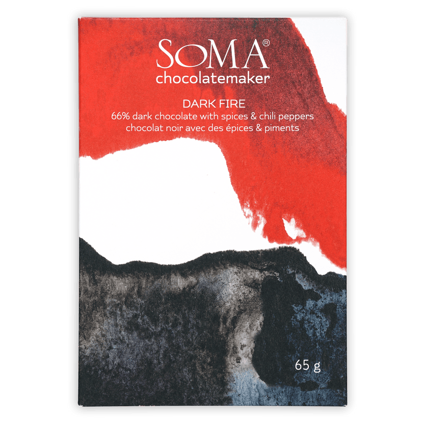 Soma Dark Fire 66% chocolate bar in vibrant red white gray wrapper