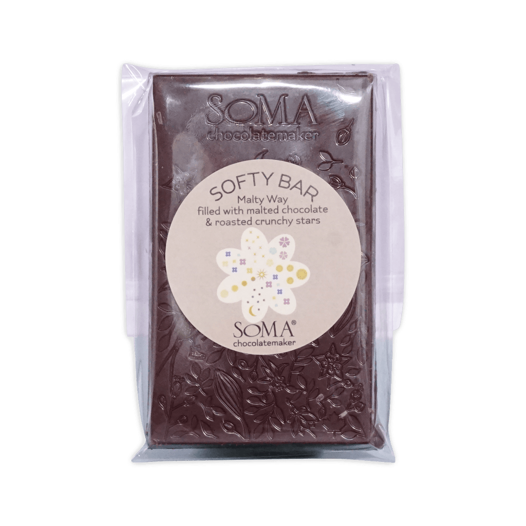 Soma Softy Bar Malty Way chocolate in clear packaging with floral-embossed bar and round label