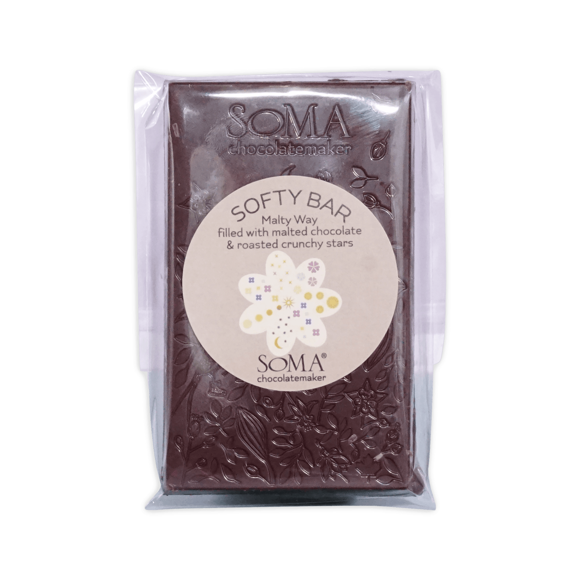 Soma Softy Bar Malty Way chocolate in clear packaging with floral-embossed bar and round label